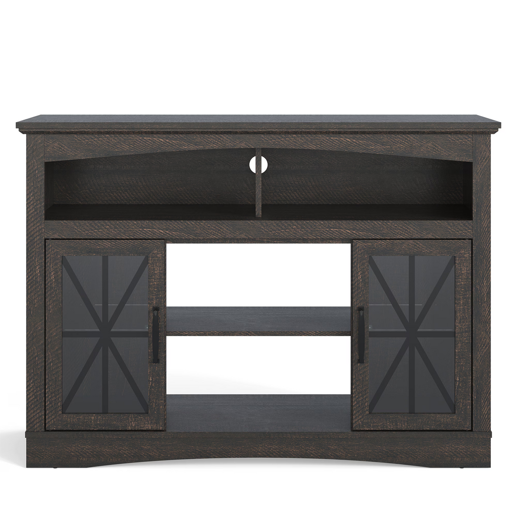 47'' Farmhouse TV Stand with Adjustable Shelves, Retro TV Console with Glass Doors & LED Lights, Media Entertainment Center Storage Cabinet for Living Room, Bedroom, Kitchen, Brown