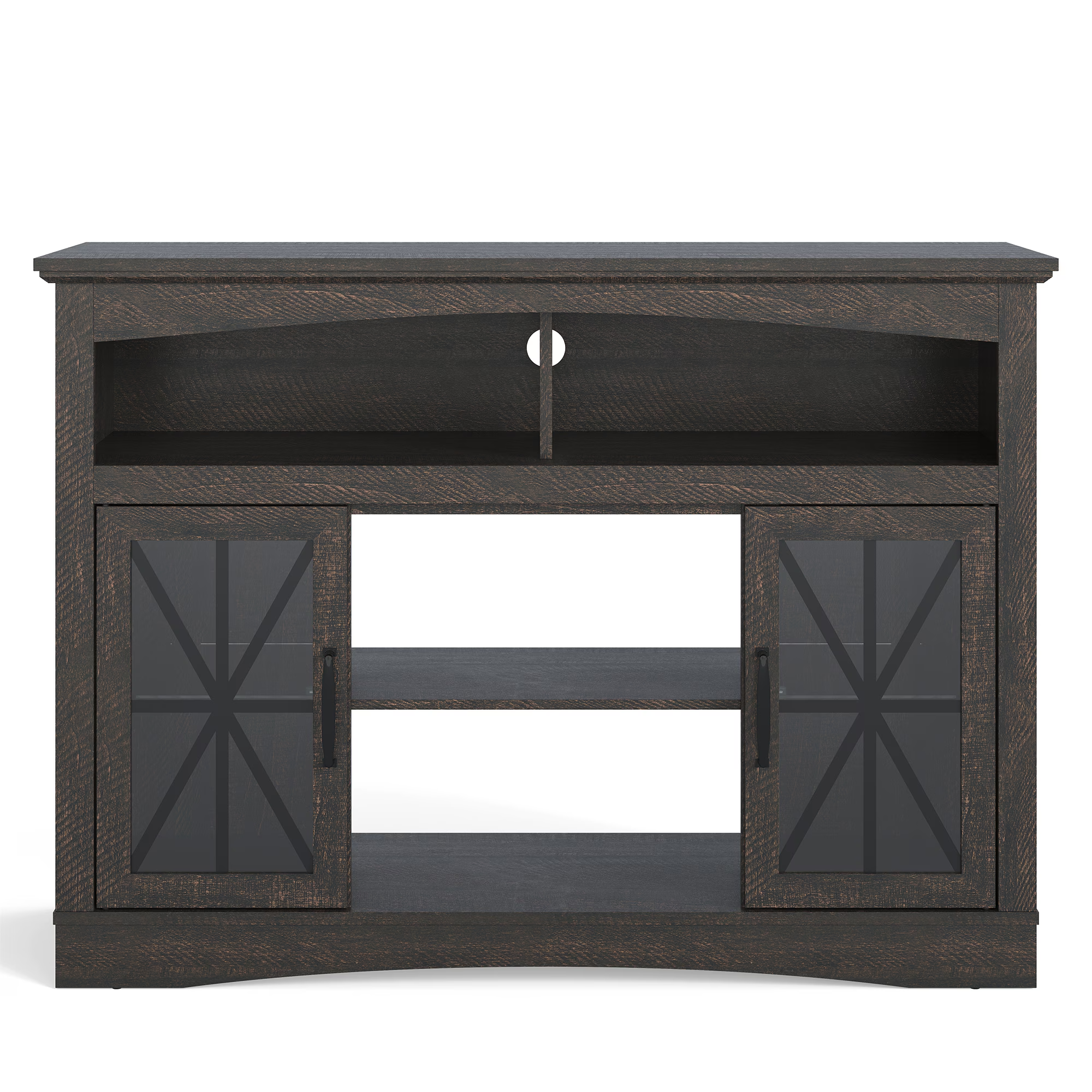 47'' Farmhouse TV Stand with Adjustable Shelves, Retro TV Console with Glass Doors & LED Lights, Media Entertainment Center Storage Cabinet for Living Room, Bedroom, Kitchen, Brown