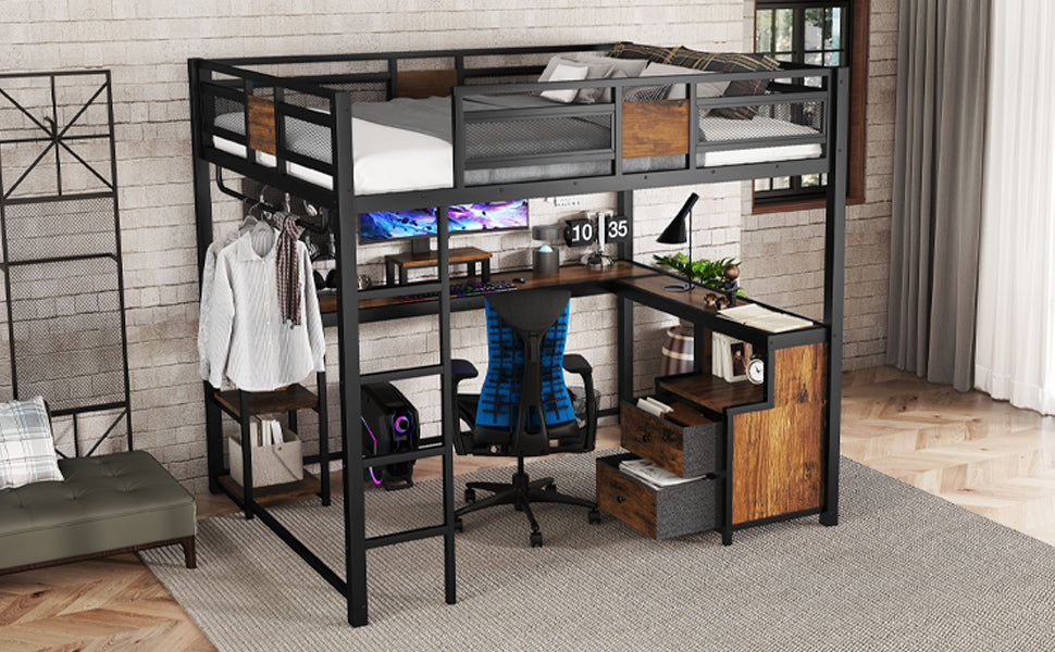Queen Loft Bed with Desk and Storage Non woven Fabric Drawers, Metal Loft Bed Frame with Ladders, Nosie free and No Spring Box Needed, Black