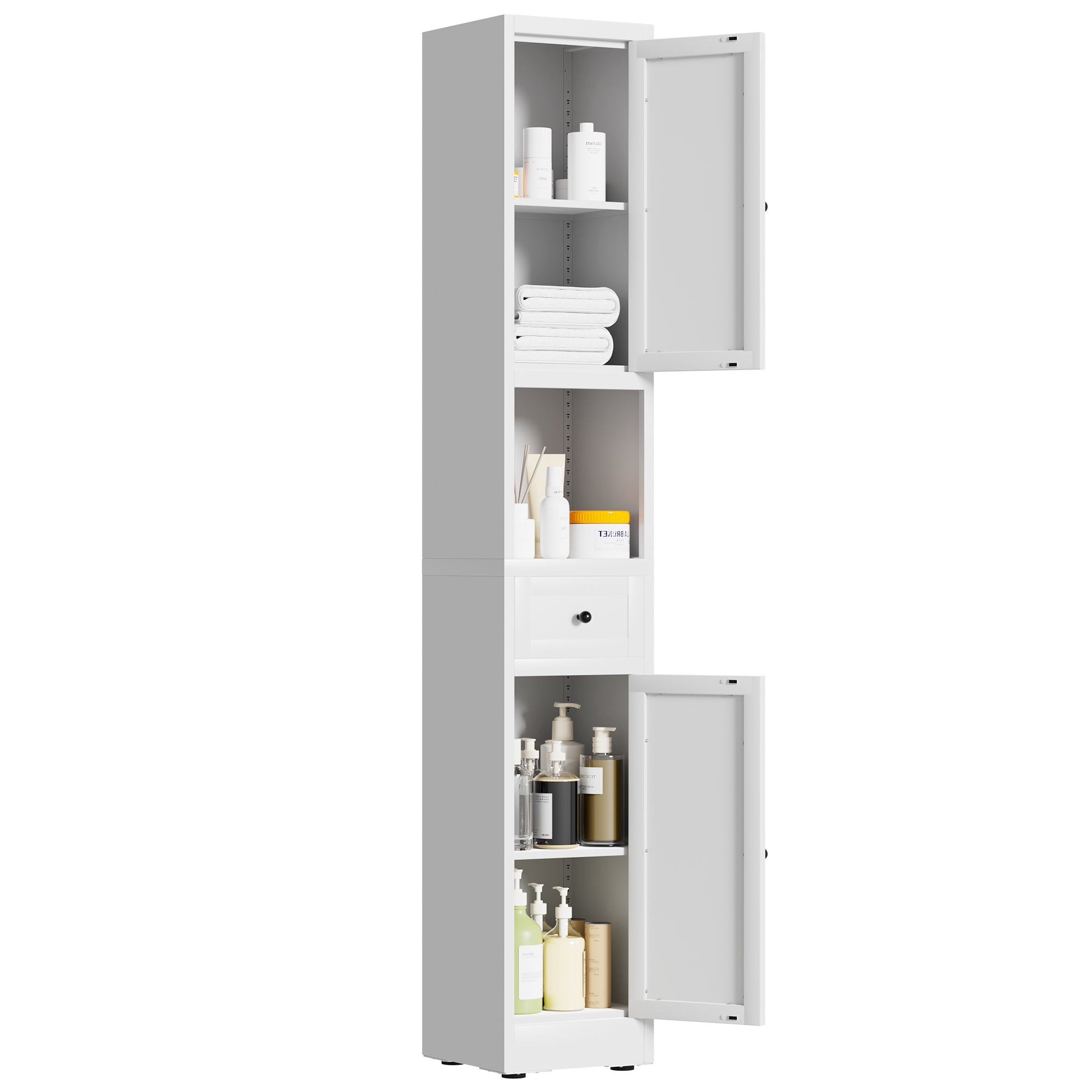 71 Inch Tall Bathroom Storage Cabinet, 5 Tier Narrow Metal Cabinet with 2 Doors & Adjustable Shelves, Freestanding Cabinet for Space Saving in Kitchen, Laundry Room, Pantry, White
