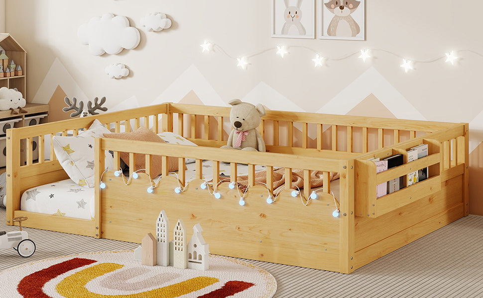 Full Montessori Floor Bed Frame with High Rails, Wood Kids Floor Beds with Light and Storage Shelf, Natural Expect Arrival Date 2025 8 15