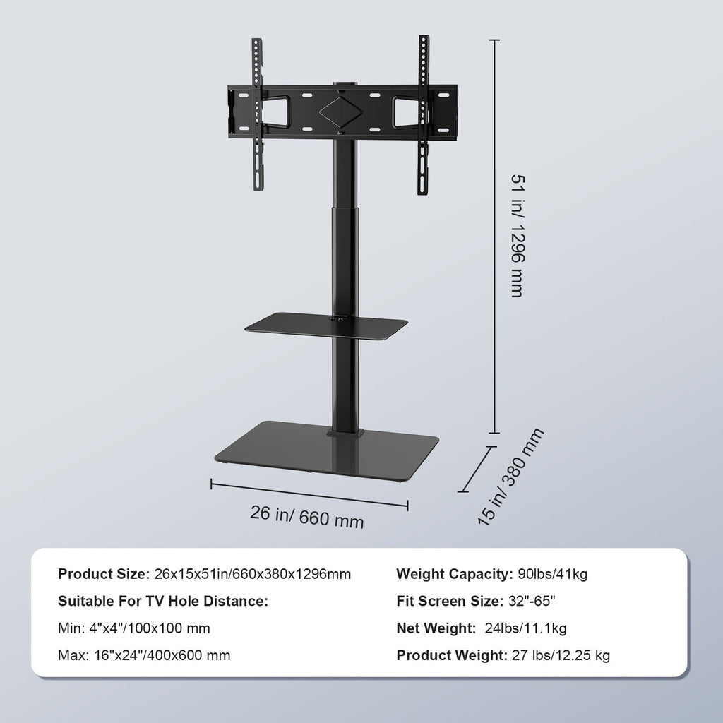 TV Stand Mount, Swivel Tall TV Stand for 32 to 65 inch TVs, Height Adjustable Portable Floor TV Stand with Tempered Glass Base for Bedroom, Living Room