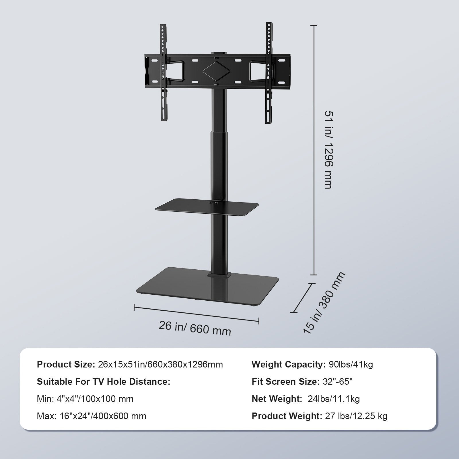 TV Stand Mount, Swivel Tall TV Stand for 32 to 65 inch TVs, Height Adjustable Portable Floor TV Stand with Tempered Glass Base for Bedroom, Living Room