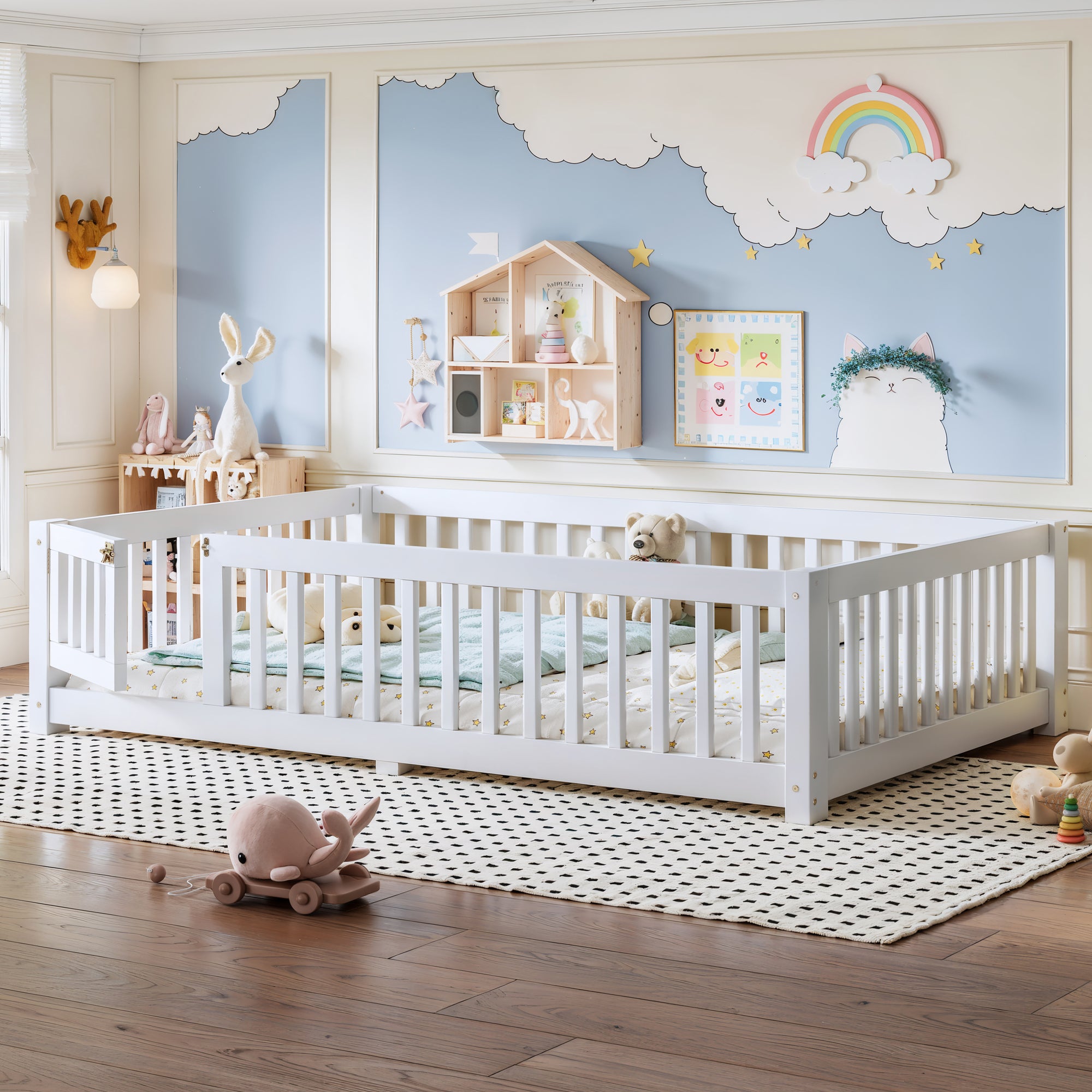 Full Size Bed Floor Bed with Safety Guardrails and Door for Kids, White
