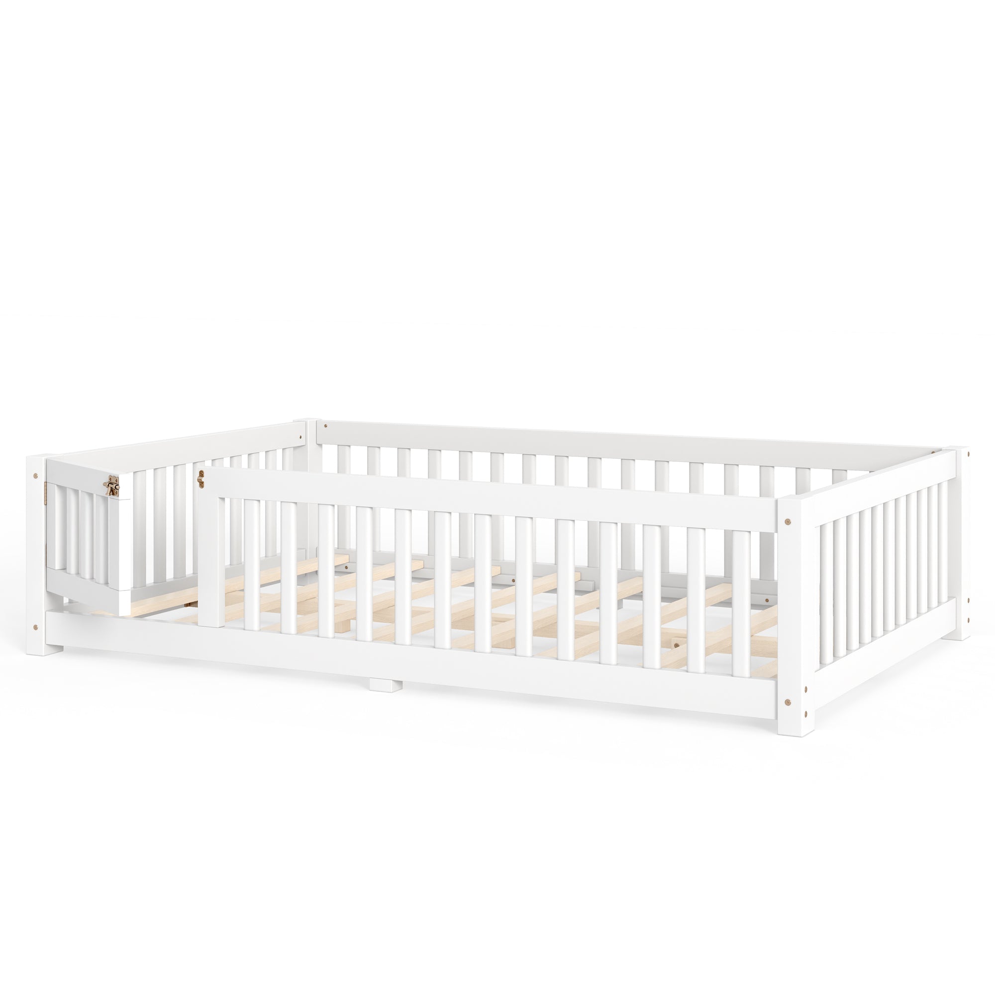 Full Size Bed Floor Bed with Safety Guardrails and Door for Kids, White