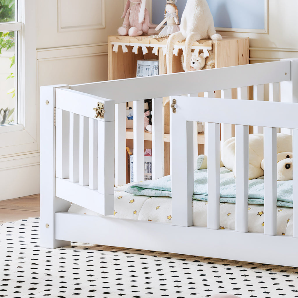 Full Size Bed Floor Bed with Safety Guardrails and Door for Kids, White