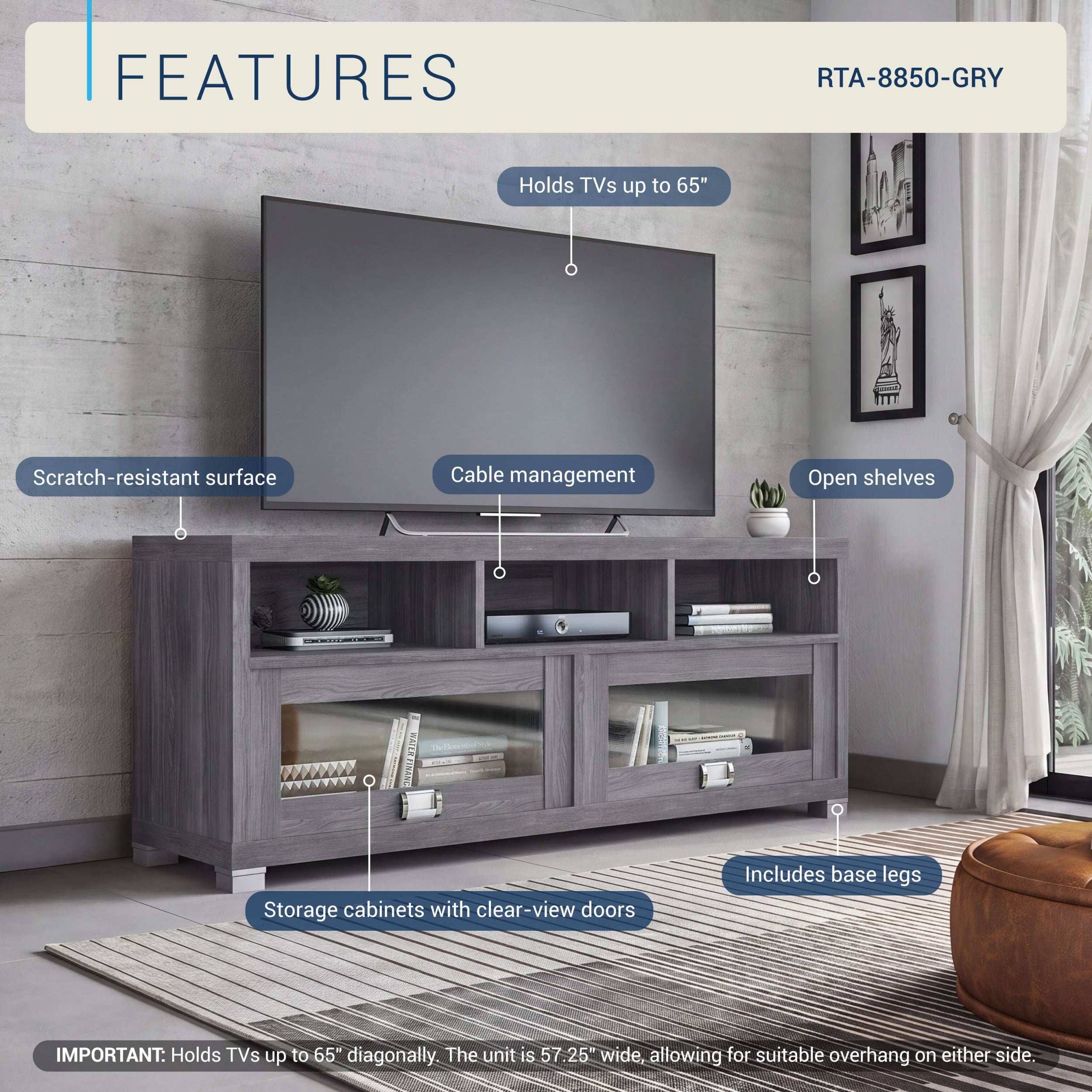 Durbin TV Stand for TVs up to 65in, Grey