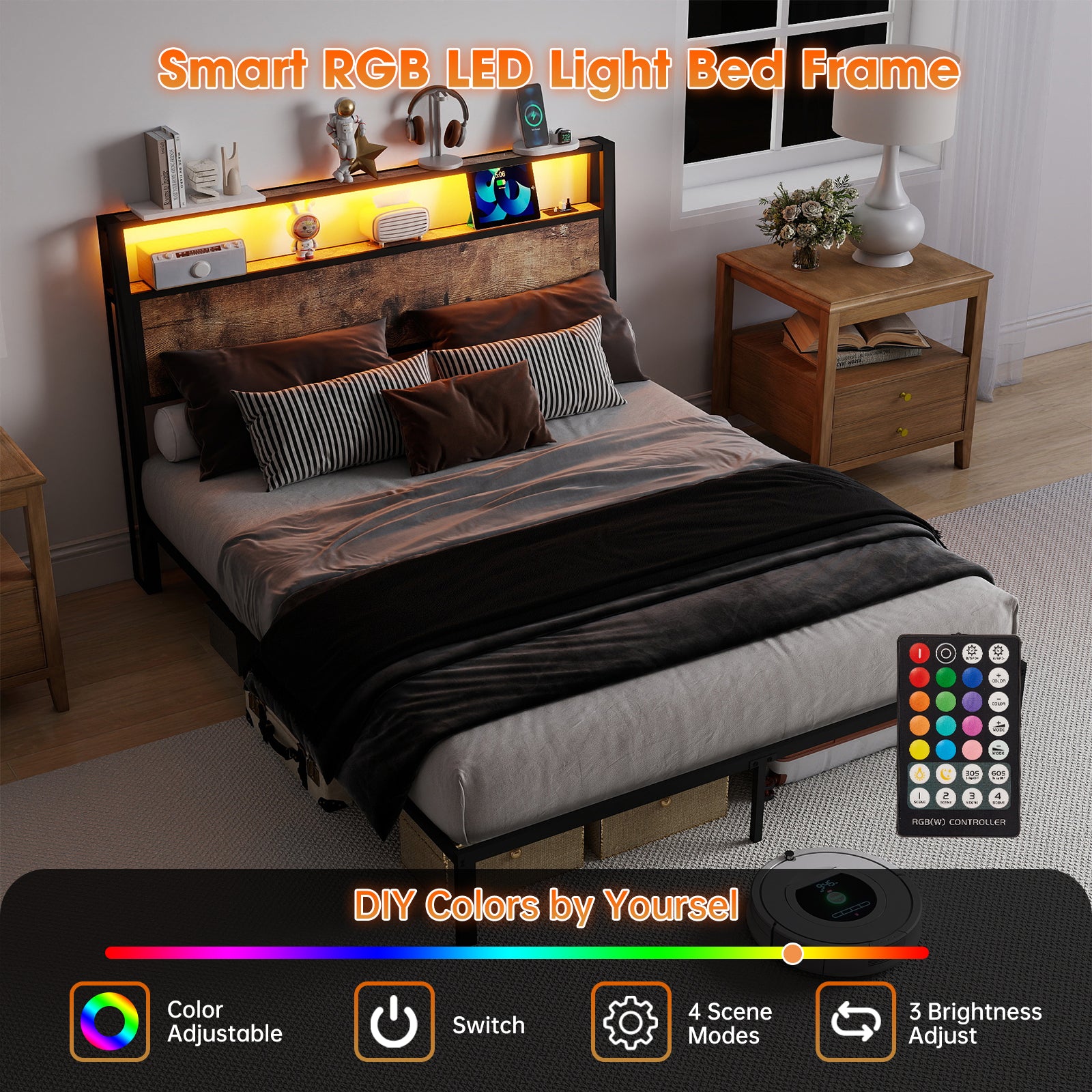 Queen Size Bed Frame with Headboard, RGB LED Light & Charging Station & Under Bed Storage Space, Easy Assembly Vintage Brown Old sku:T3963P483788