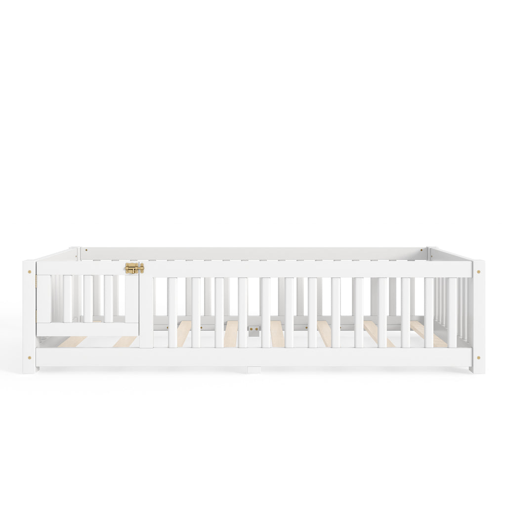 Twin Size Bed Floor Bed with Safety Guardrails and Door for Kids, White