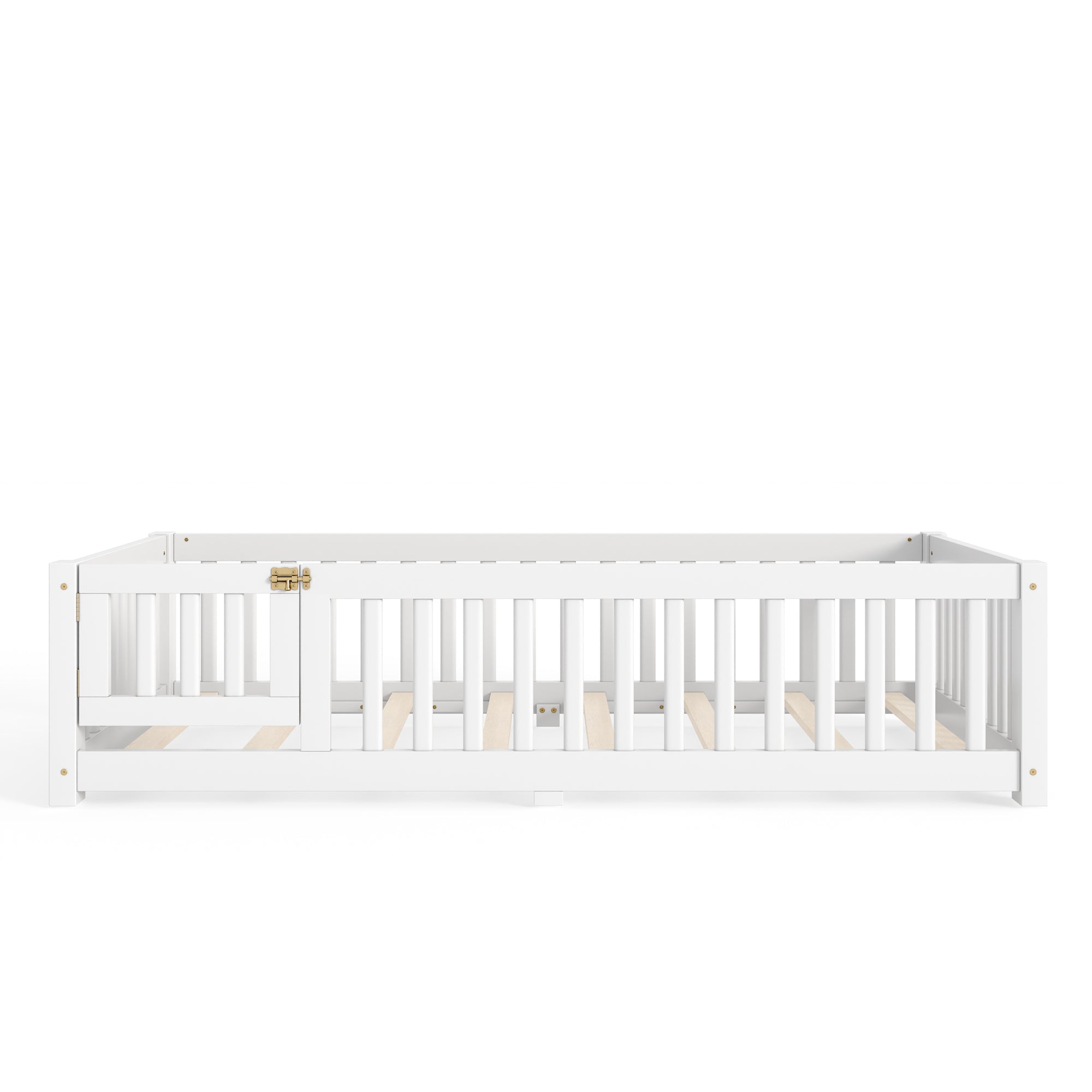 Twin Size Bed Floor Bed with Safety Guardrails and Door for Kids, White