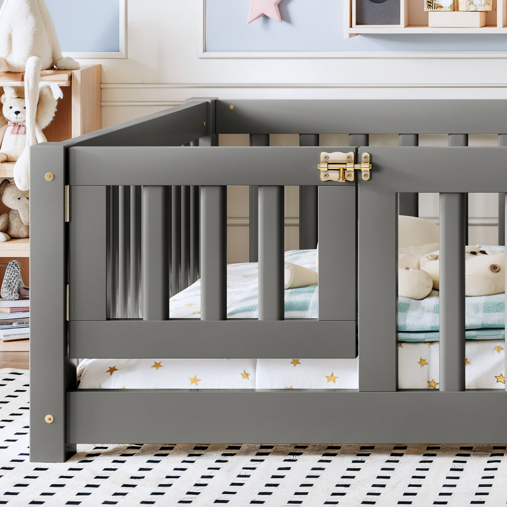 Full Size Bed Floor Bed with Safety Guardrails and Door for Kids, Gray