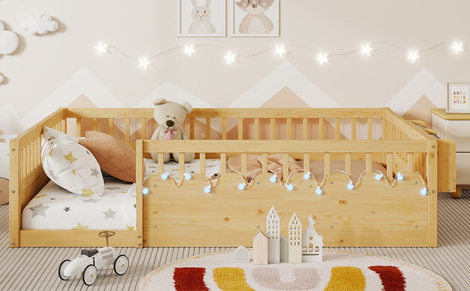 Full Montessori Floor Bed Frame with High Rails, Wood Kids Floor Beds with Light and Storage Shelf, Natural Expect Arrival Date 2025 8 15