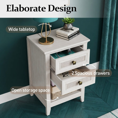 17.7" White Rattan Nightstand Boho Bedside Table w 2 Drawers & Shelf