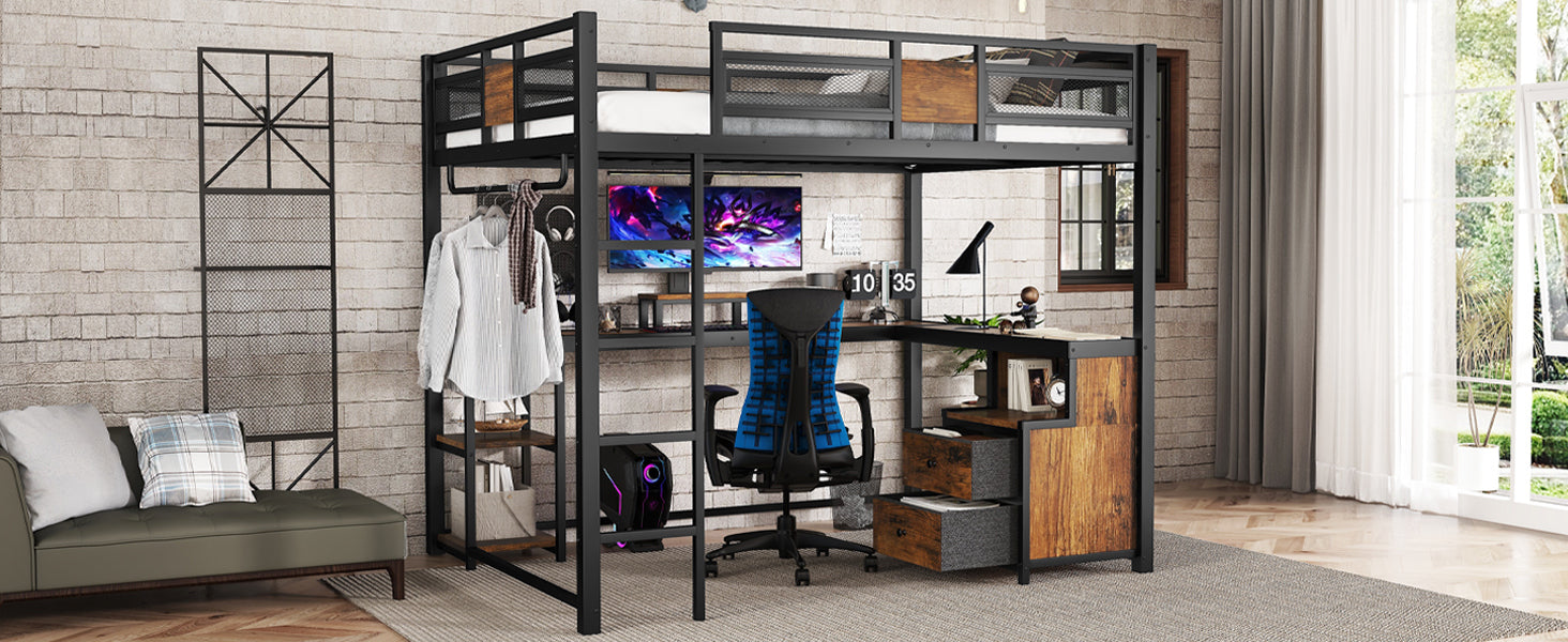 Queen Loft Bed with Desk and Storage Non woven Fabric Drawers, Metal Loft Bed Frame with Ladders, Nosie free and No Spring Box Needed, Black