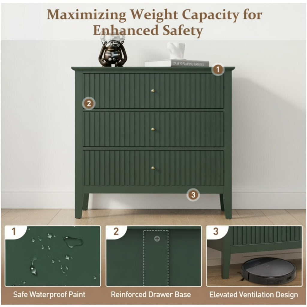 32" Wide Green Fluted 3 Drawer Nightstand, Large Modern Bedroom End Table