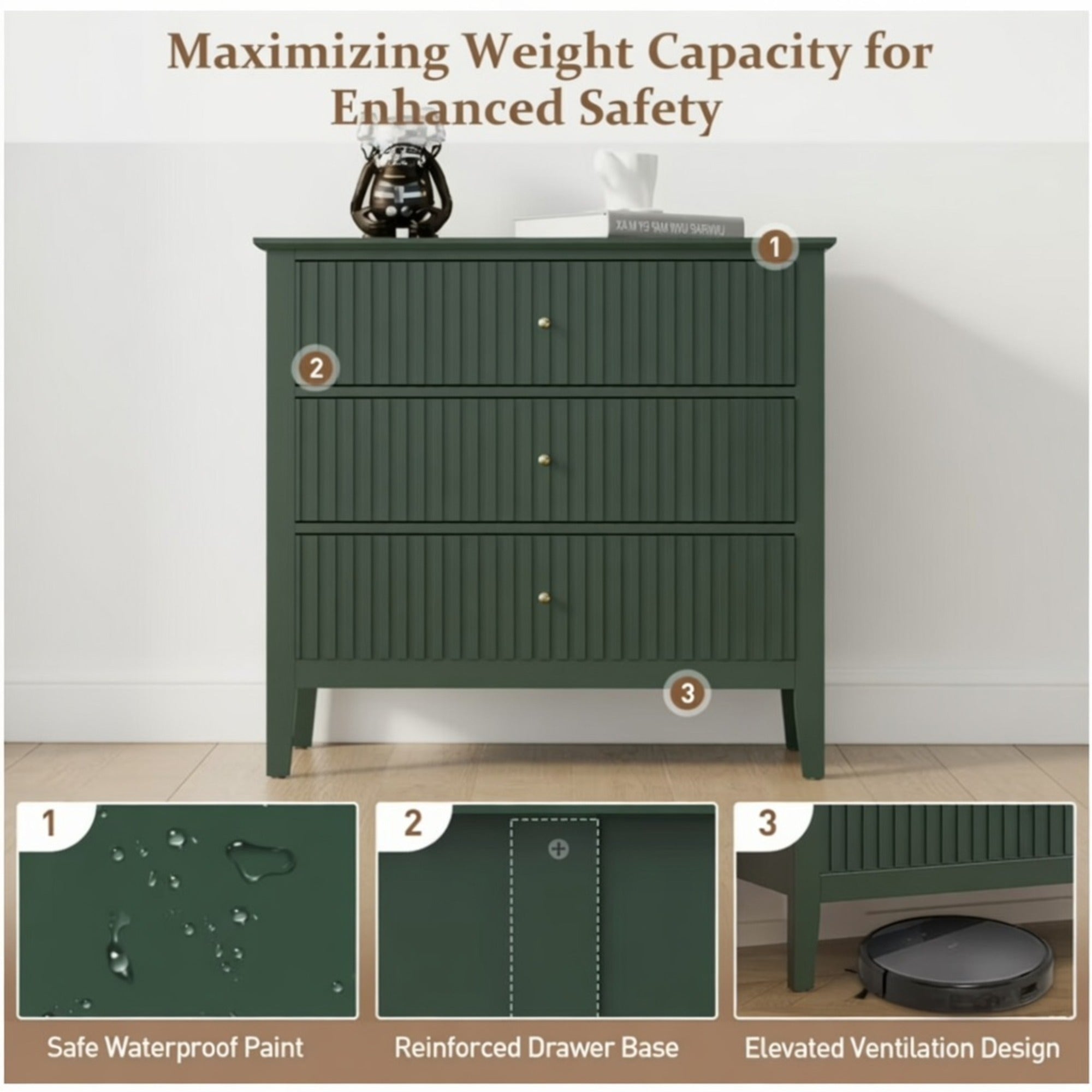32" Wide Green Fluted 3 Drawer Nightstand, Large Modern Bedroom End Table