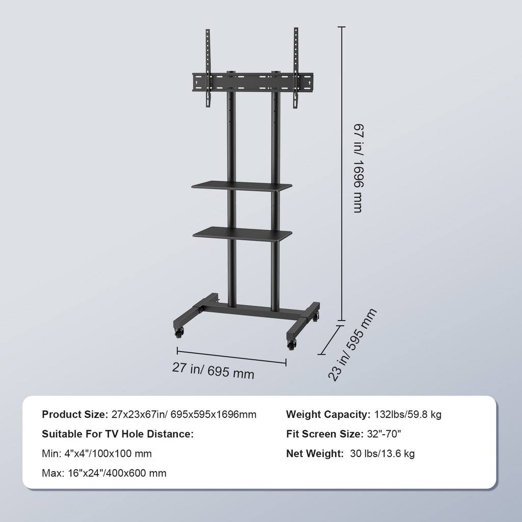 Mobile TV Stand, Mobile TV Cart for 32 to 70 inch TVs, Height Adjustable Portable TV Stand with Wheels, Double Tray for Audio Visual Devices, Rolling TV Stand with Mount for Bedroom, Living Room