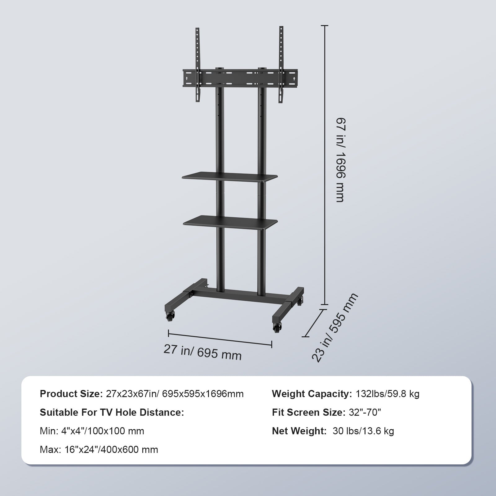 Mobile TV Stand, Mobile TV Cart for 32 to 70 inch TVs, Height Adjustable Portable TV Stand with Wheels, Double Tray for Audio Visual Devices, Rolling TV Stand with Mount for Bedroom, Living Room