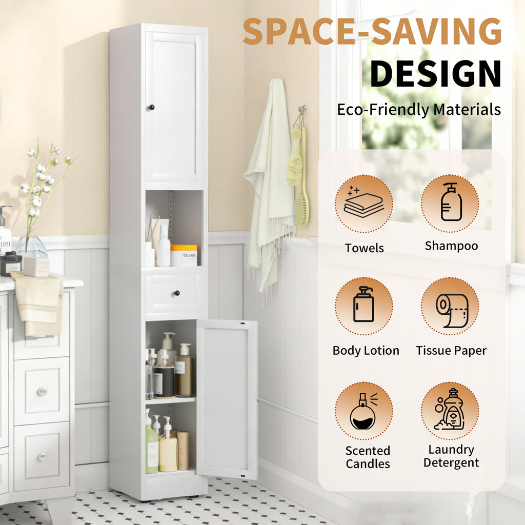 71 Inch Tall Bathroom Storage Cabinet, 5 Tier Narrow Metal Cabinet with 2 Doors & Adjustable Shelves, Freestanding Cabinet for Space Saving in Kitchen, Laundry Room, Pantry, White