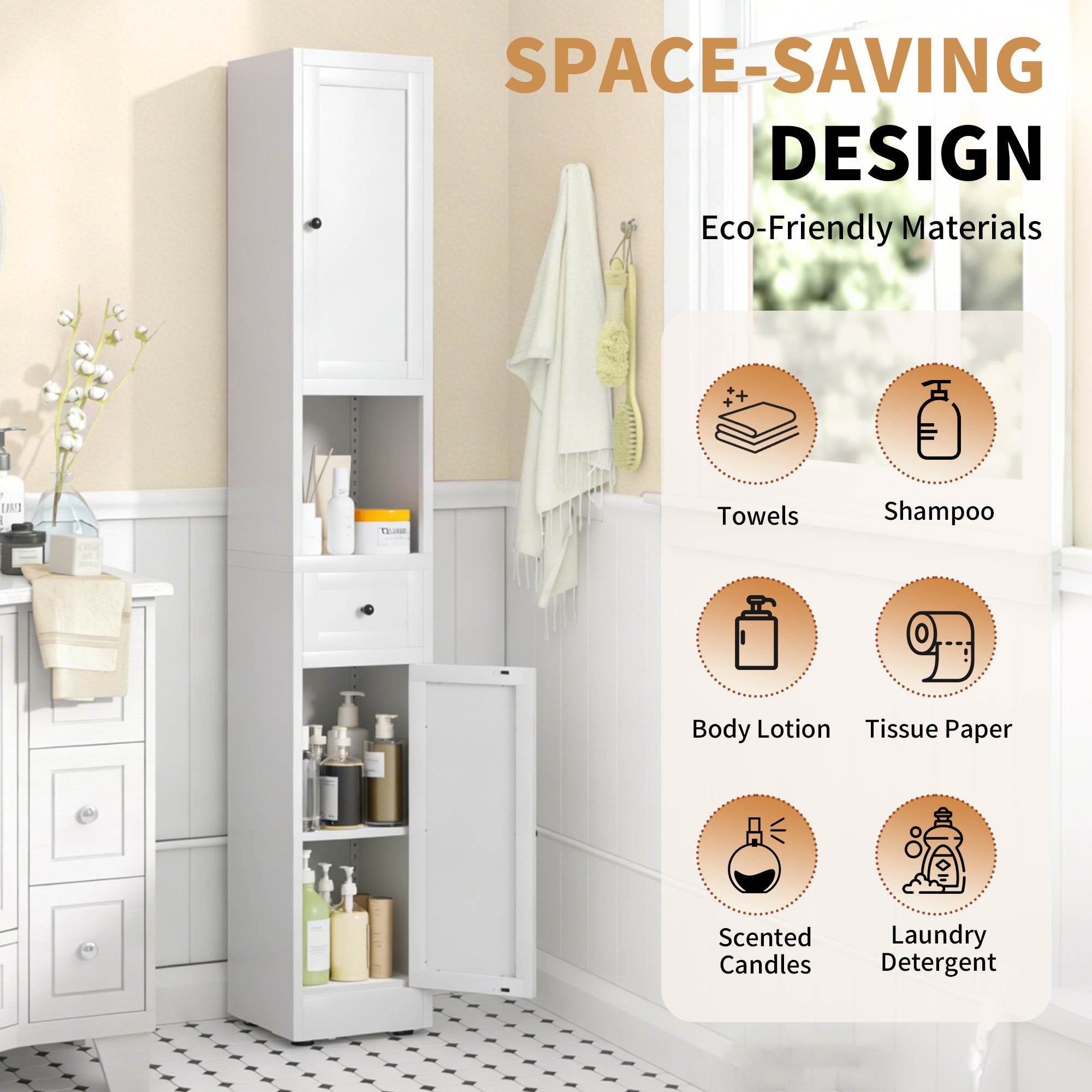 71 Inch Tall Bathroom Storage Cabinet, 5 Tier Narrow Metal Cabinet with 2 Doors & Adjustable Shelves, Freestanding Cabinet for Space Saving in Kitchen, Laundry Room, Pantry, White