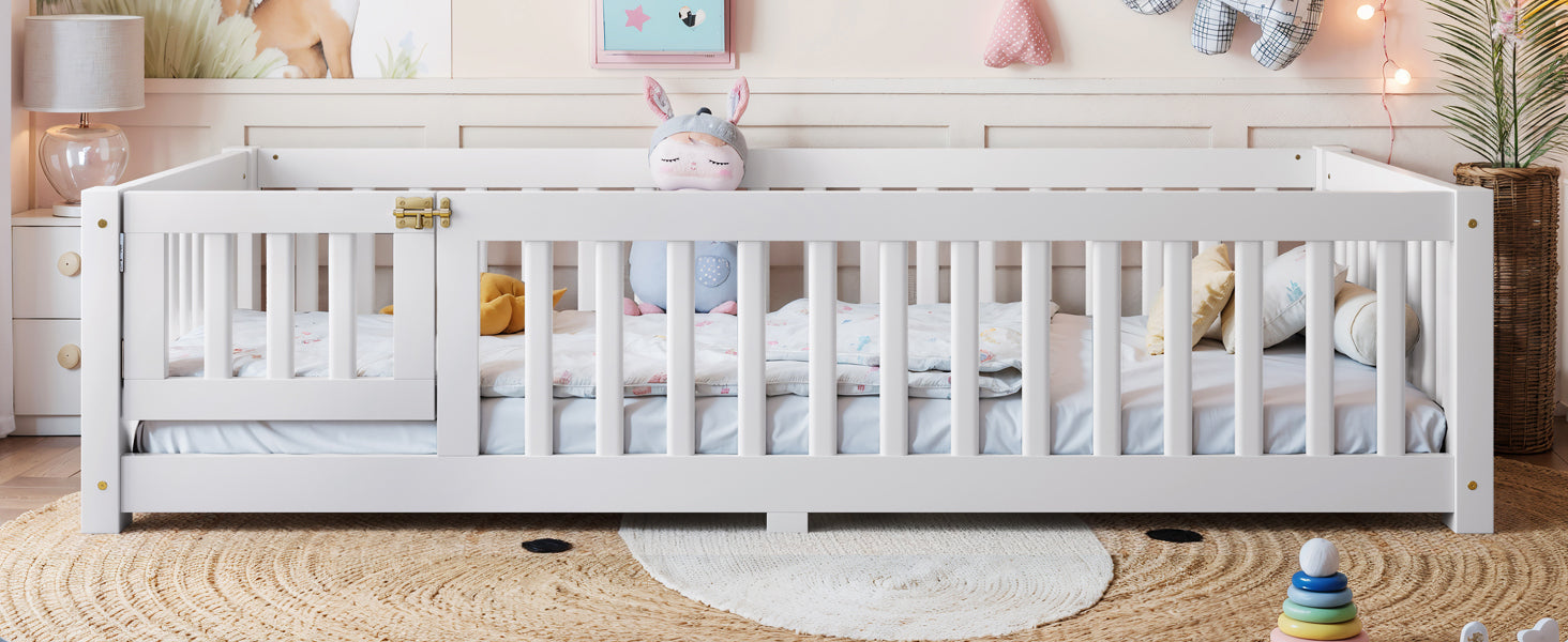 Twin Size Bed Floor Bed with Safety Guardrails and Door for Kids, White