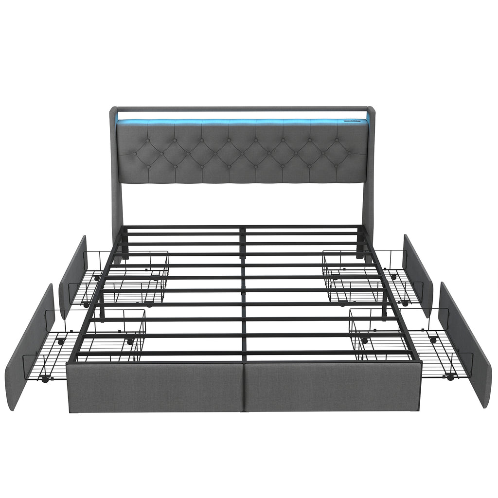 Queen Metal Platform Bed Frame Grey, Storage Headboard with RGB LED & Charging Station