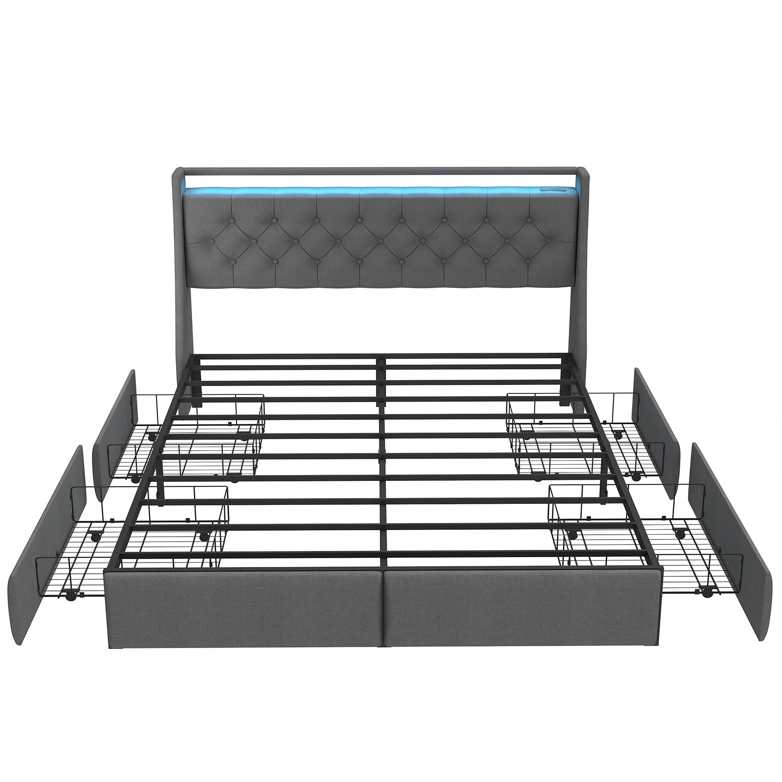 Queen Metal Platform Bed Frame Grey, Storage Headboard with RGB LED & Charging Station