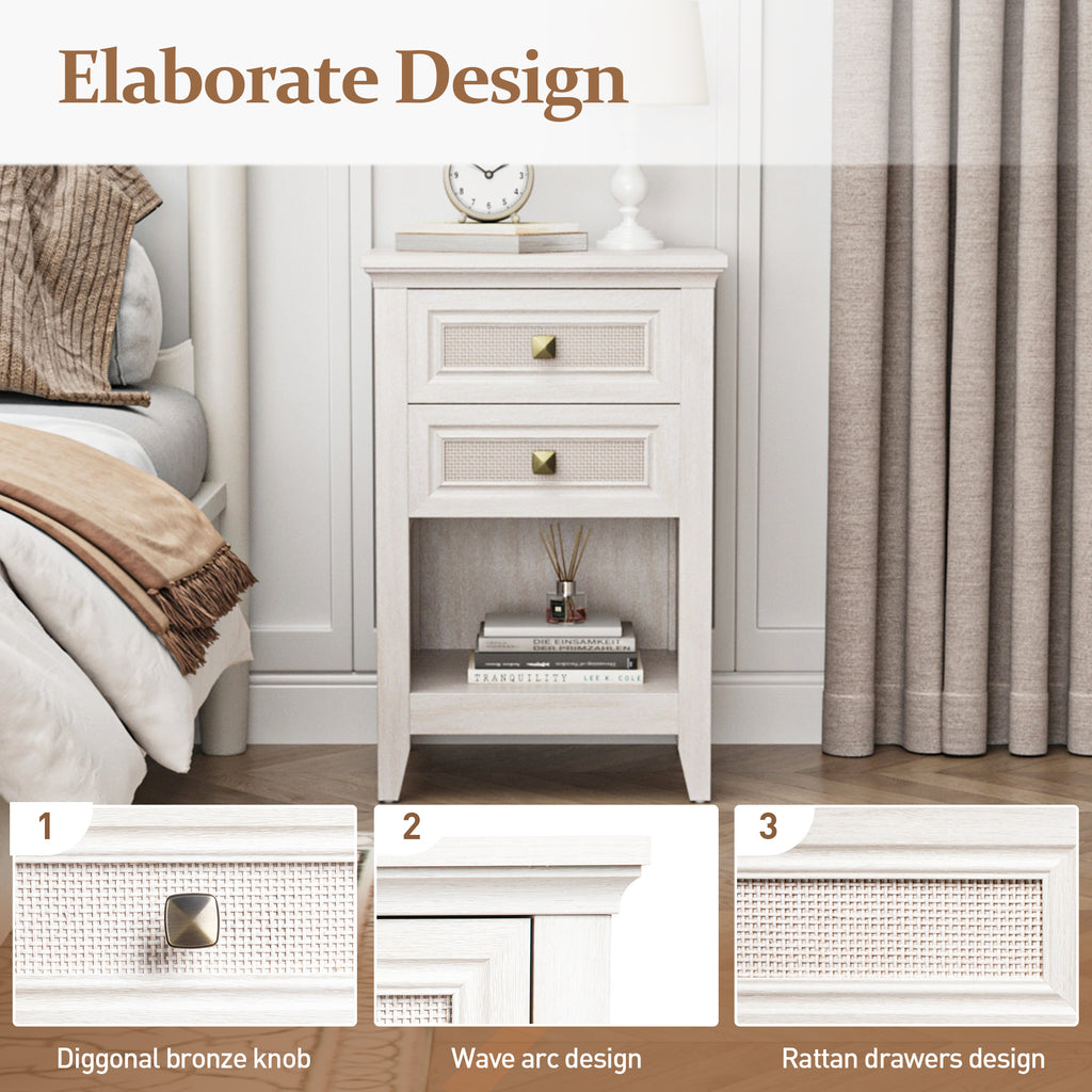 Farmhouse Nightstand, Boho Bedside Table with 2 Rattan Decor Drawers, Accent End Table with Open Storage Shelf, Wood Bedside Unit for Bedroom, Living Room, Home Office, Grayish White
