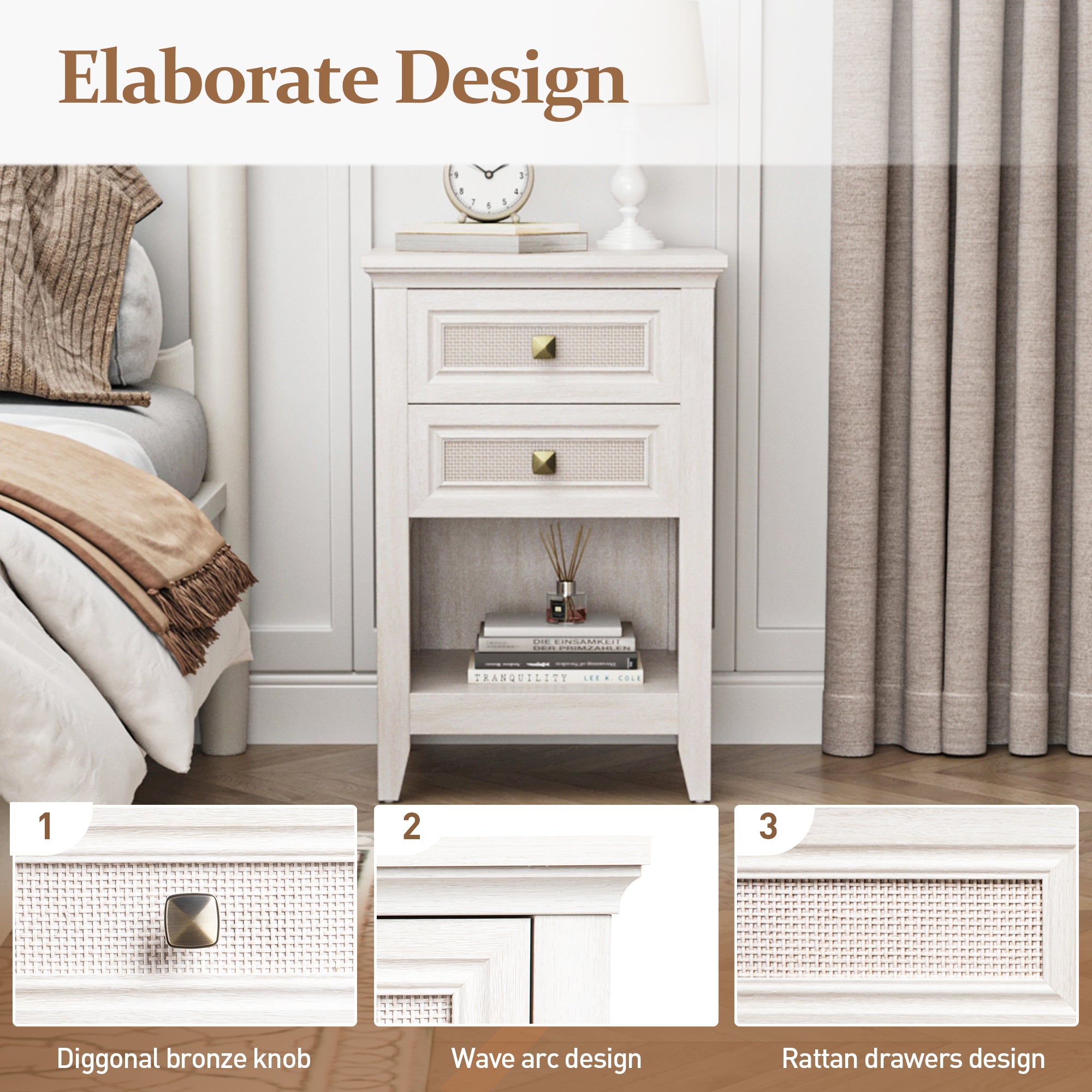 Farmhouse Nightstand, Boho Bedside Table with 2 Rattan Decor Drawers, Accent End Table with Open Storage Shelf, Wood Bedside Unit for Bedroom, Living Room, Home Office, Grayish White