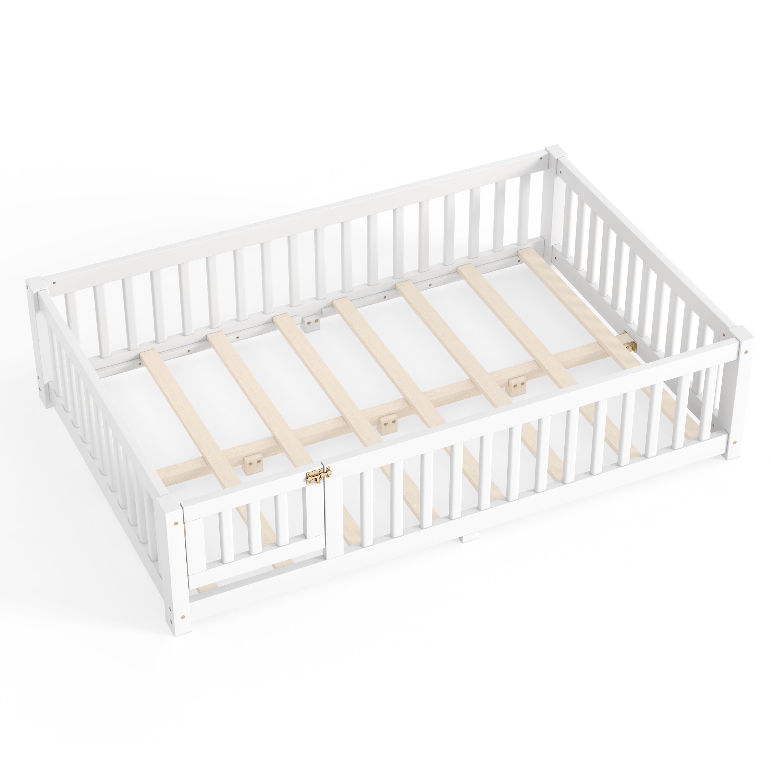 Full Size Bed Floor Bed with Safety Guardrails and Door for Kids, White