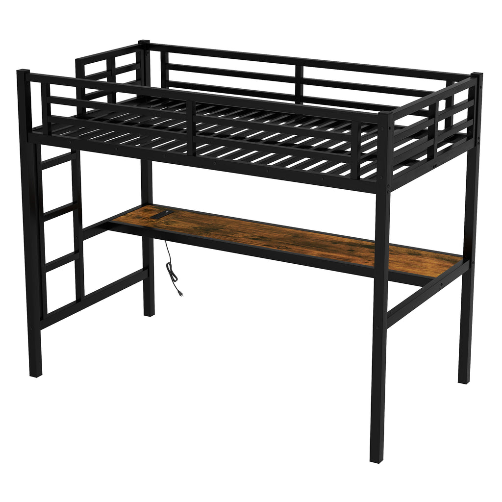 Metal Twin XL Size Loft Bed with Power Outlet and LED Lighted, Space Saving, Noise Reduced, Black