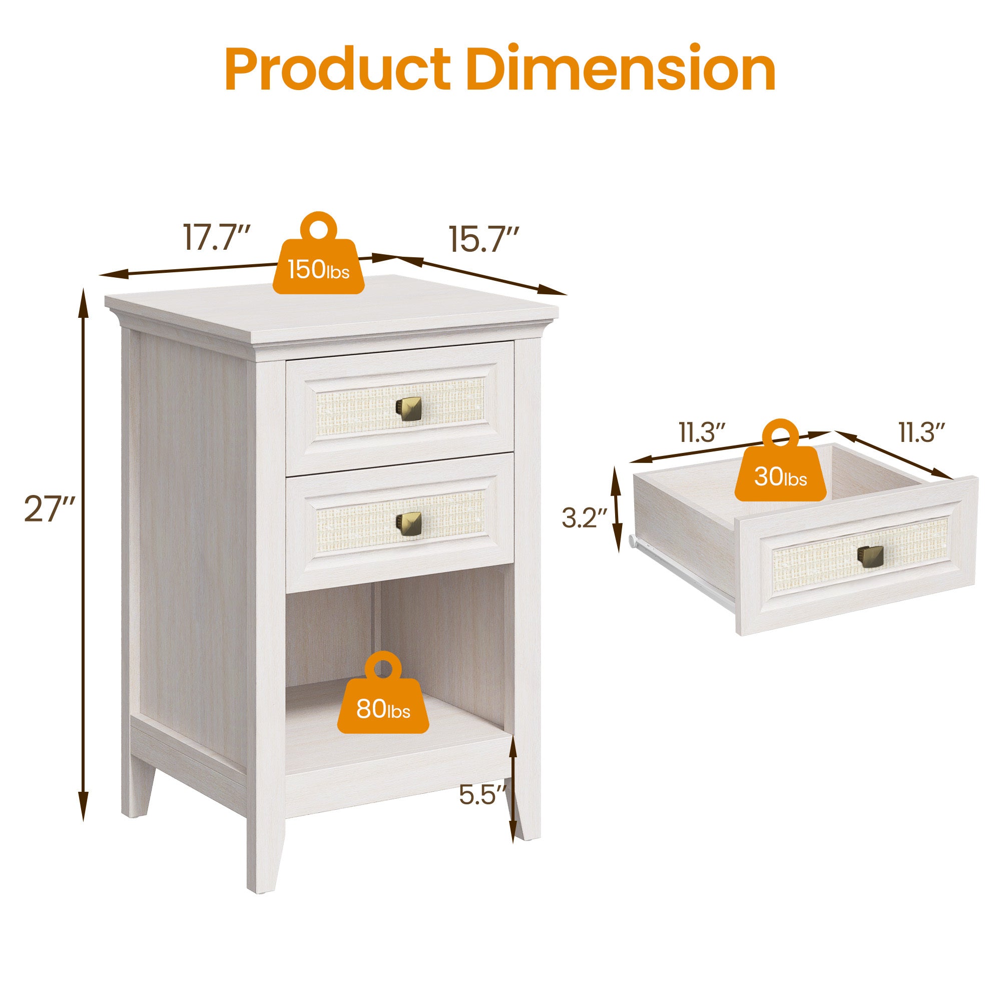 Farmhouse Nightstand, Boho Bedside Table with 2 Rattan Decor Drawers, Accent End Table with Open Storage Shelf, Wood Bedside Unit for Bedroom, Living Room, Home Office, Grayish White