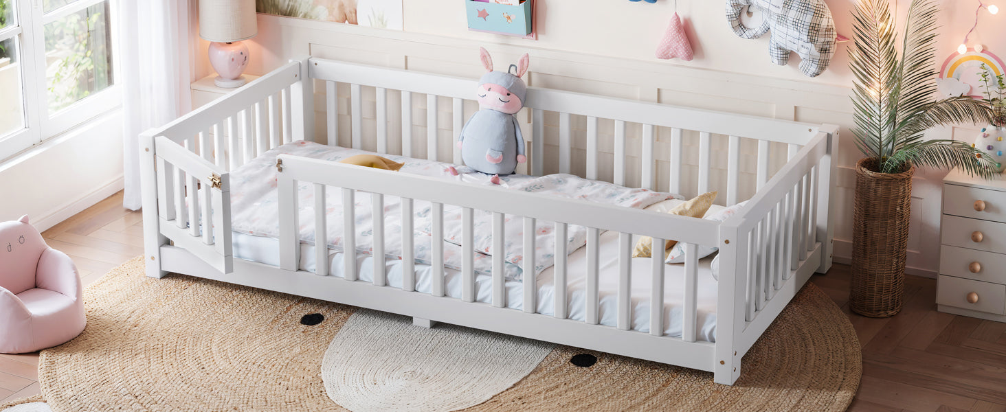 Twin Size Bed Floor Bed with Safety Guardrails and Door for Kids, White