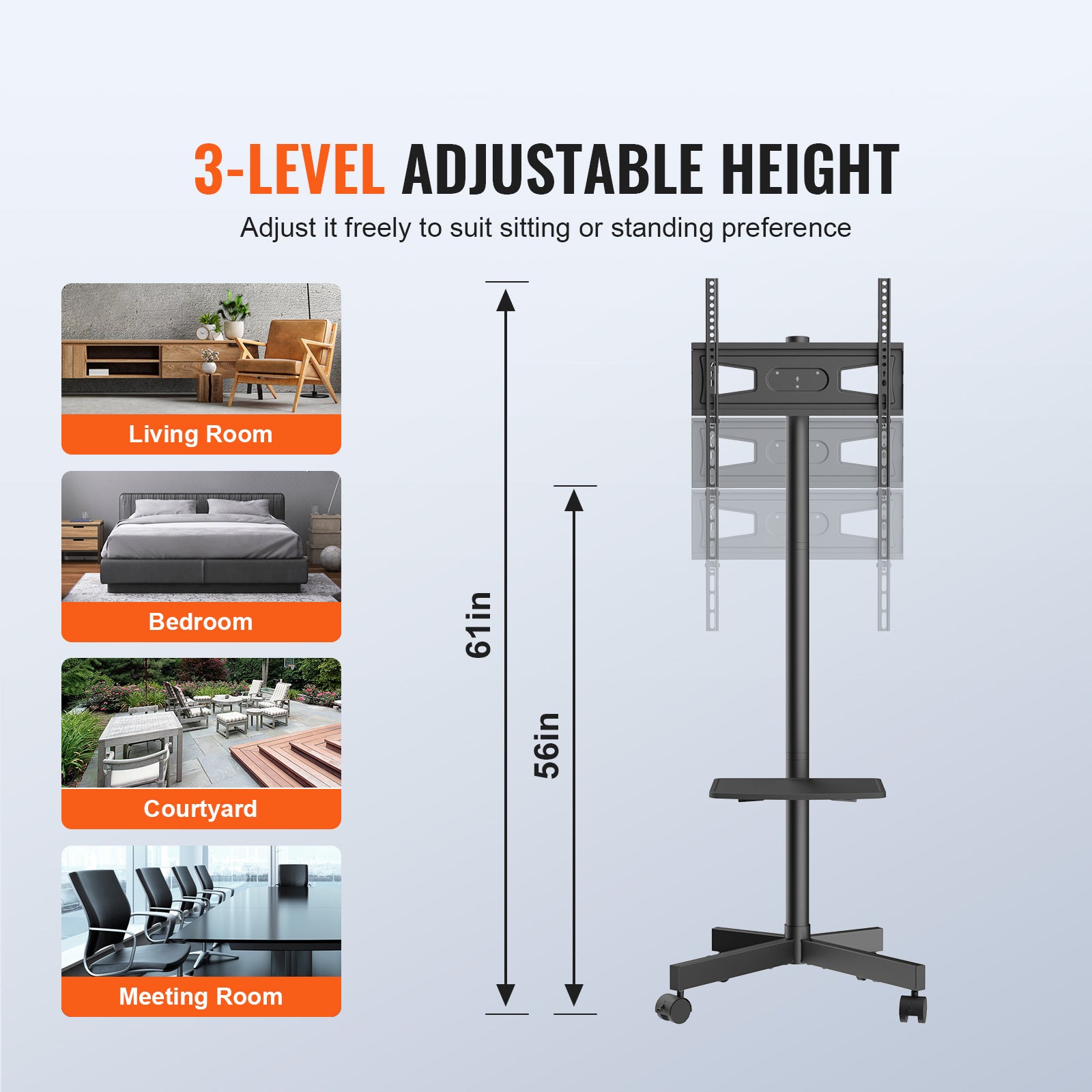 Mobile TV Stand, Mobile TV Cart for 23 to 60 inch TVs, Height Adjustable Portable TV Stand with Wheels, with A Tray for Audio Visual Devices, Rolling TV Stand with Mount for Bedroom, Living Room