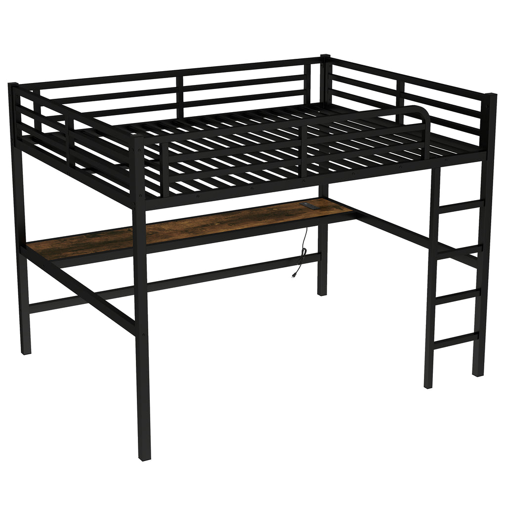 Metal Queen Size Loft Bed with Power Outlet and LED Lighted, Space Saving, Noise Reduced, Black