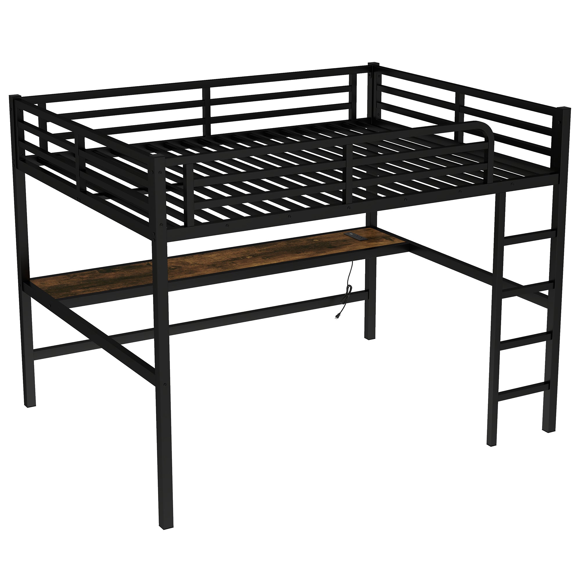 Metal Queen Size Loft Bed with Power Outlet and LED Lighted, Space Saving, Noise Reduced, Black
