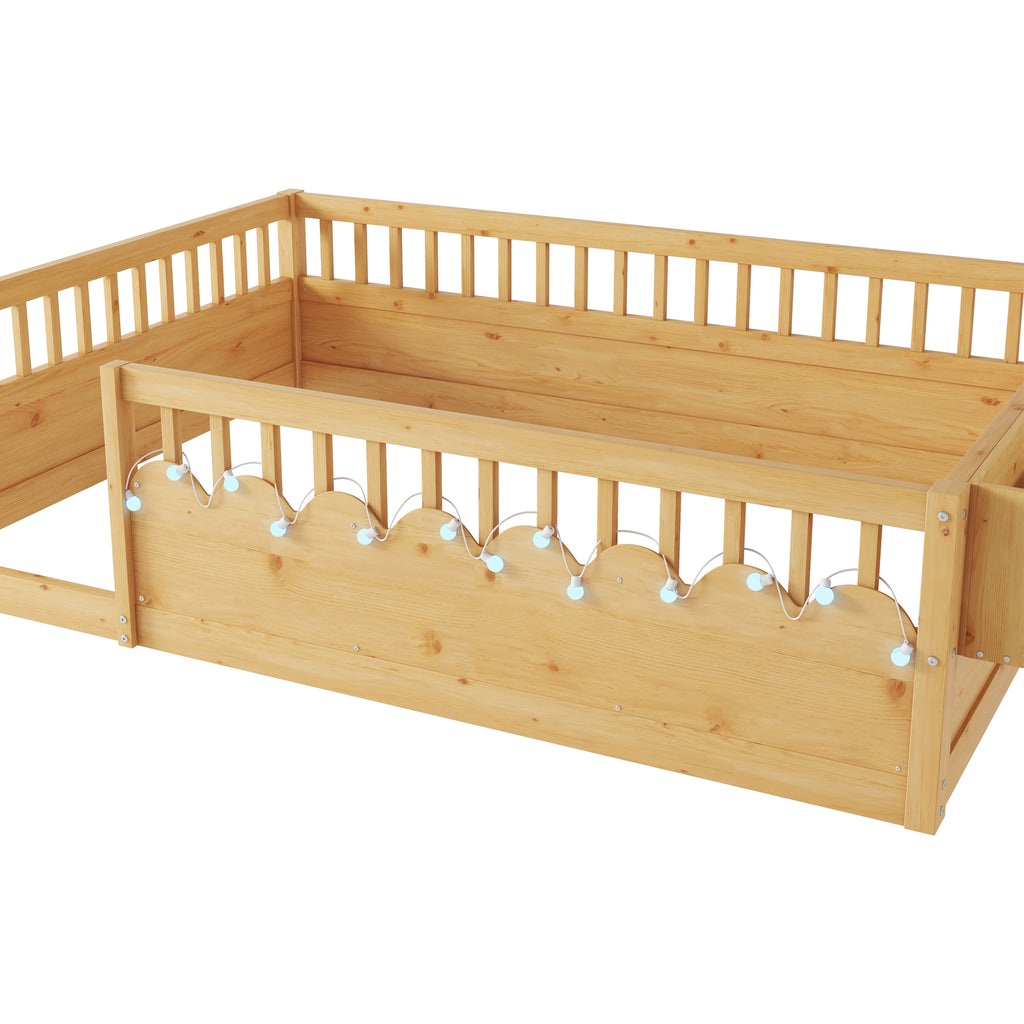 Full Montessori Floor Bed Frame with High Rails, Wood Kids Floor Beds with Light and Storage Shelf, Natural Expect Arrival Date 2025 8 15