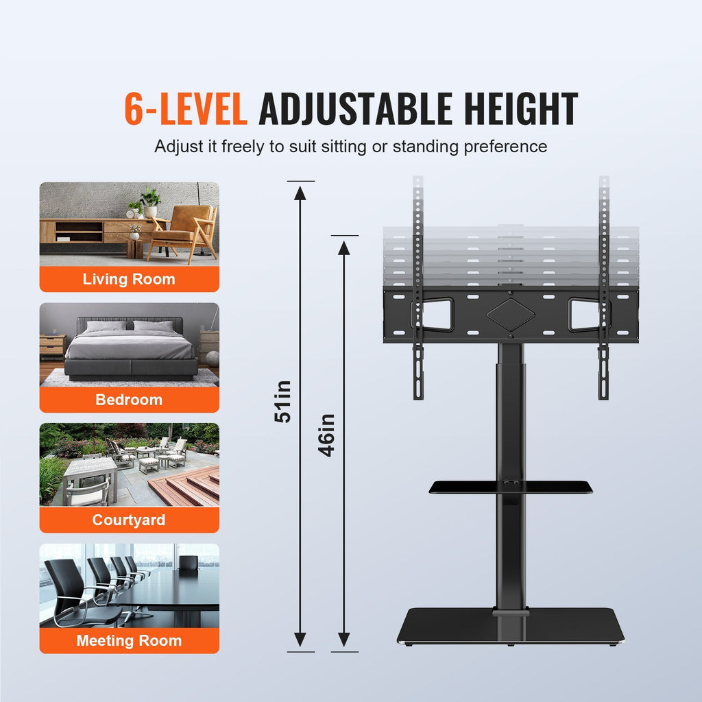 TV Stand Mount, Swivel Tall TV Stand for 32 to 65 inch TVs, Height Adjustable Portable Floor TV Stand with Tempered Glass Base for Bedroom, Living Room