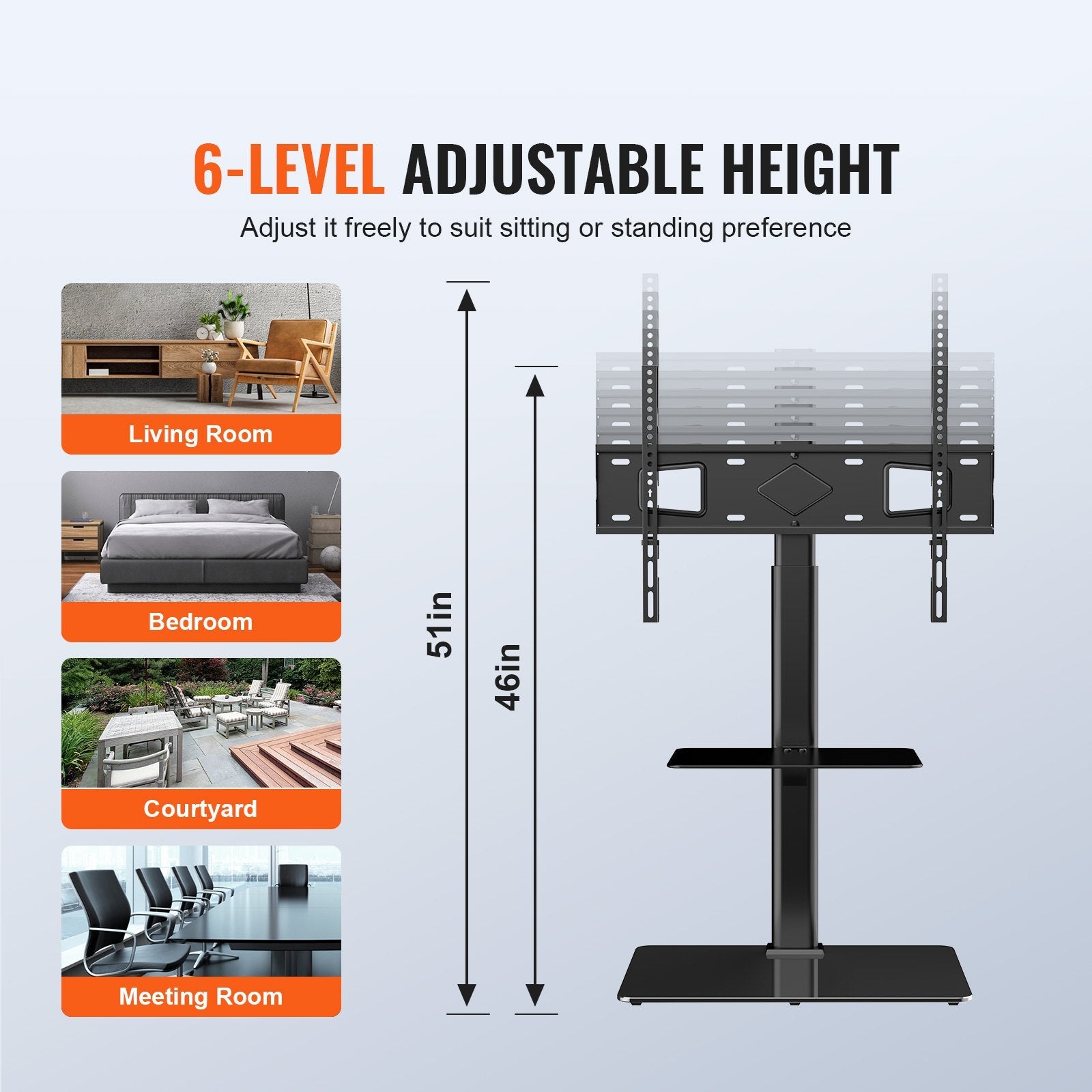 TV Stand Mount, Swivel Tall TV Stand for 32 to 65 inch TVs, Height Adjustable Portable Floor TV Stand with Tempered Glass Base for Bedroom, Living Room