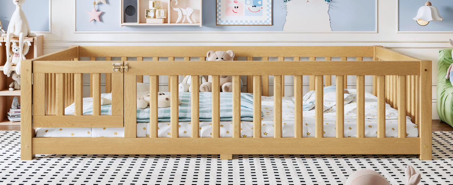 Full Size Bed Floor Bed with Safety Guardrails and Door for Kids, Natural