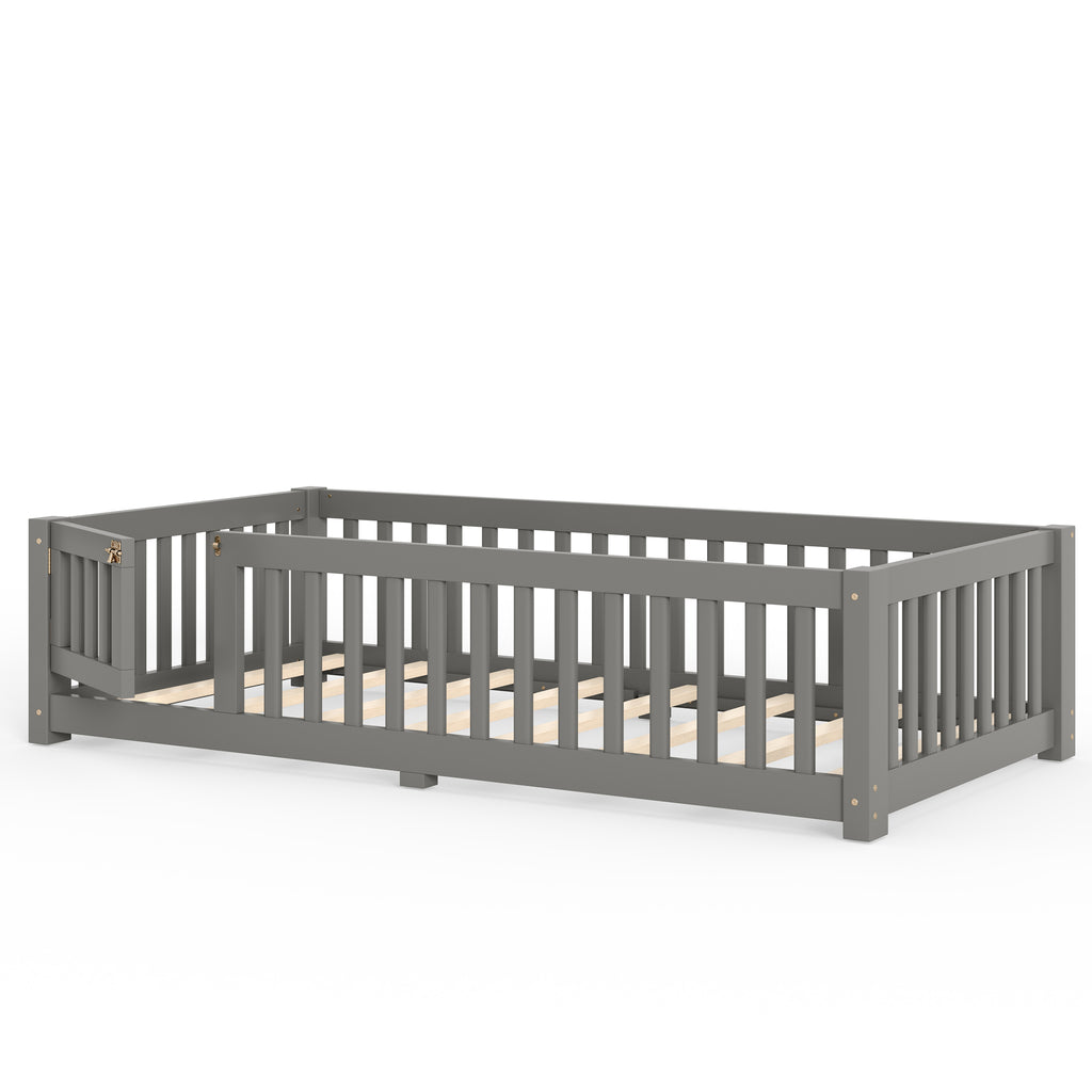 Twin Size Bed Floor Bed with Safety Guardrails and Door for Kids, Gray