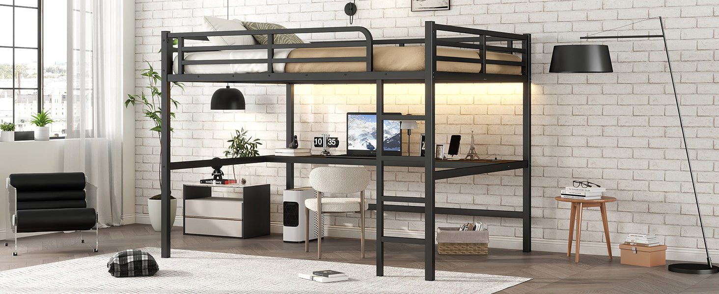 Metal Queen Size Loft Bed with Power Outlet and LED Lighted, Space Saving, Noise Reduced, Black