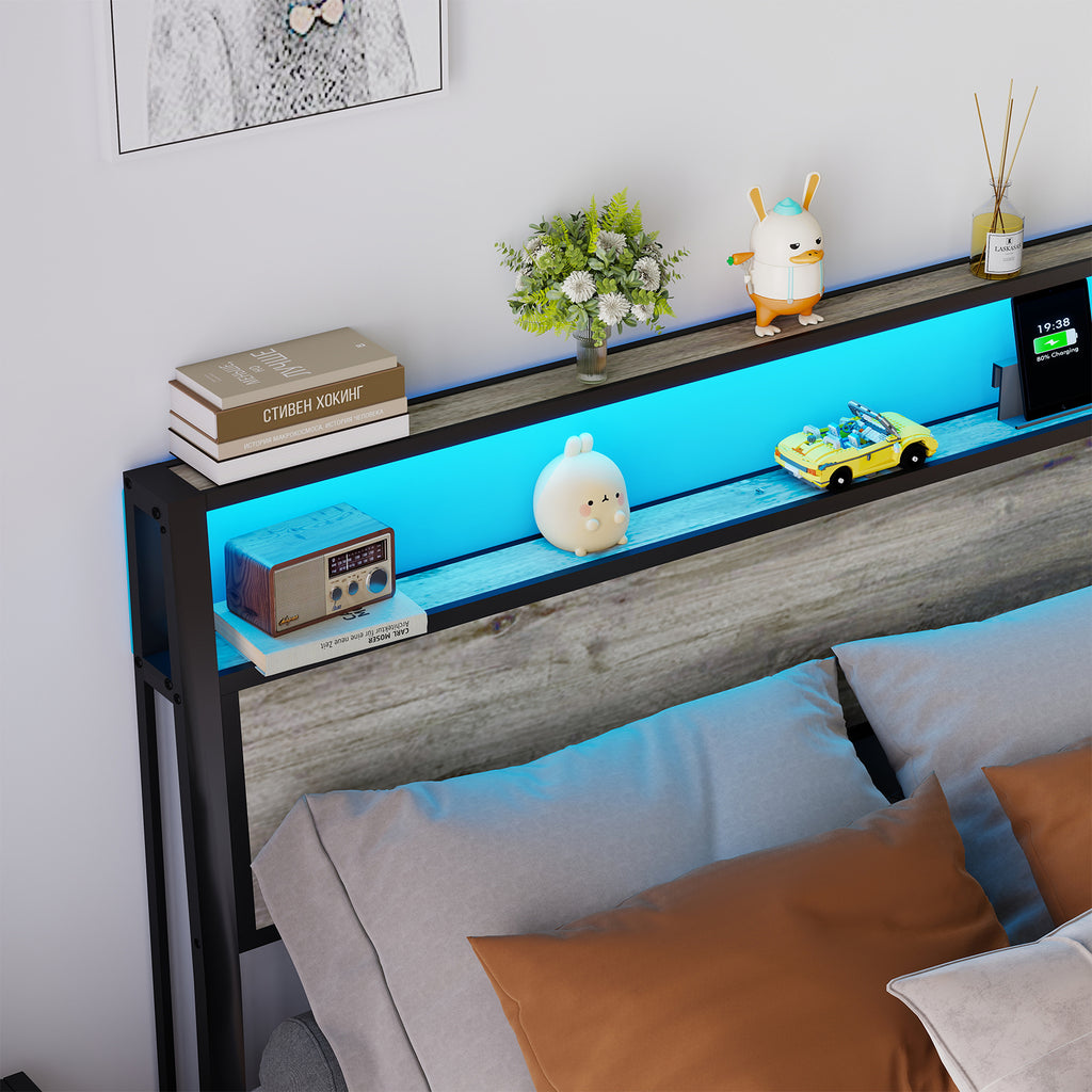 Queen Size Bed Frame with Headboard, RGB LED Light & Charging Station & Under Bed Storage Space, Easy Assembly Rustic Grey