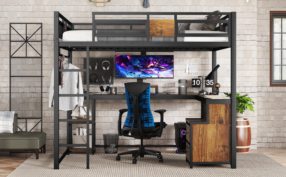Queen Loft Bed with Desk and Storage Non woven Fabric Drawers, Metal Loft Bed Frame with Ladders, Nosie free and No Spring Box Needed, Black