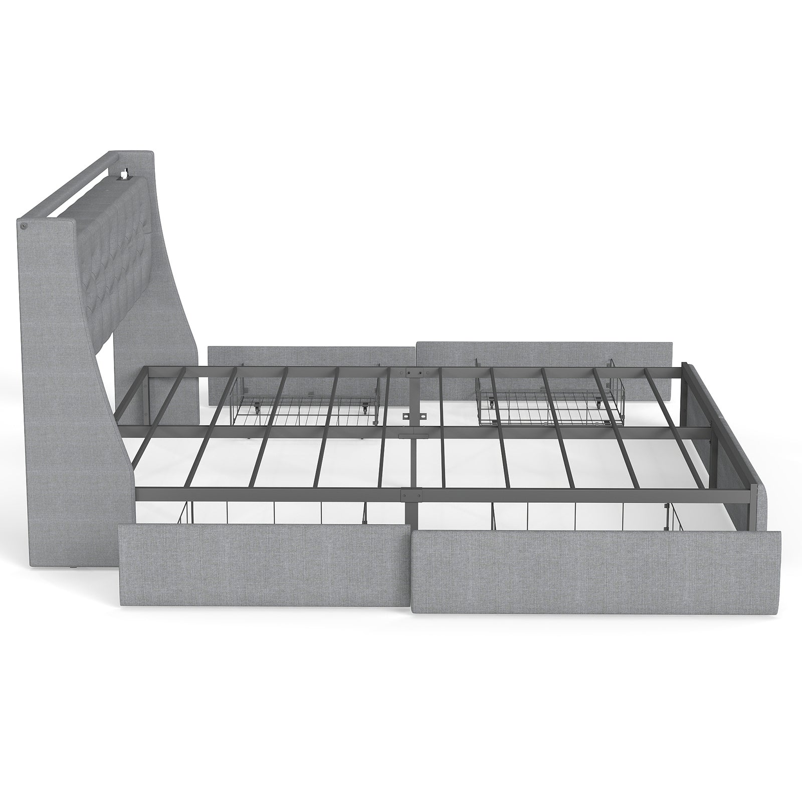 Queen Metal Platform Bed Frame Grey, Storage Headboard with RGB LED & Charging Station