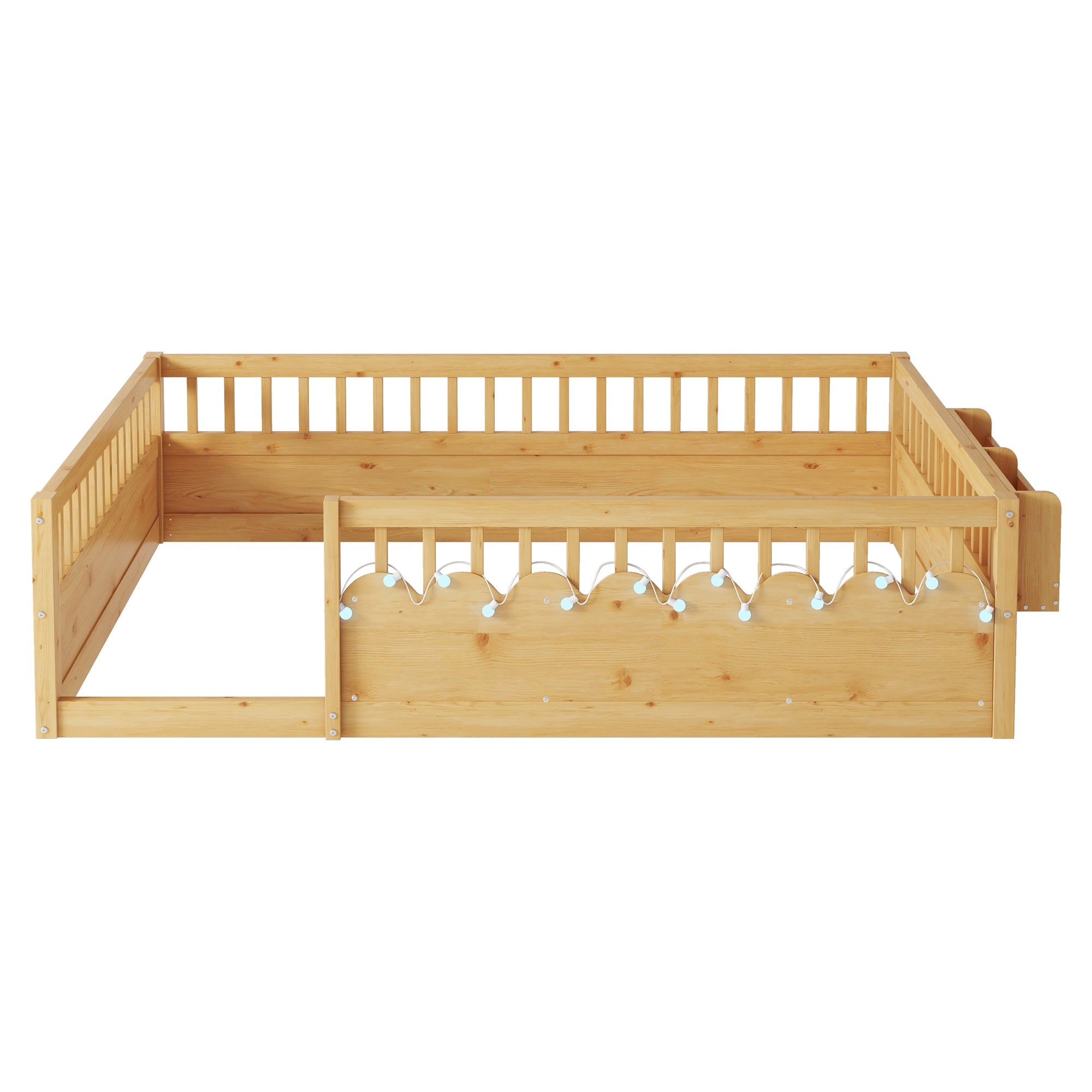 Full Montessori Floor Bed Frame with High Rails, Wood Kids Floor Beds with Light and Storage Shelf, Natural Expect Arrival Date 2025 8 15