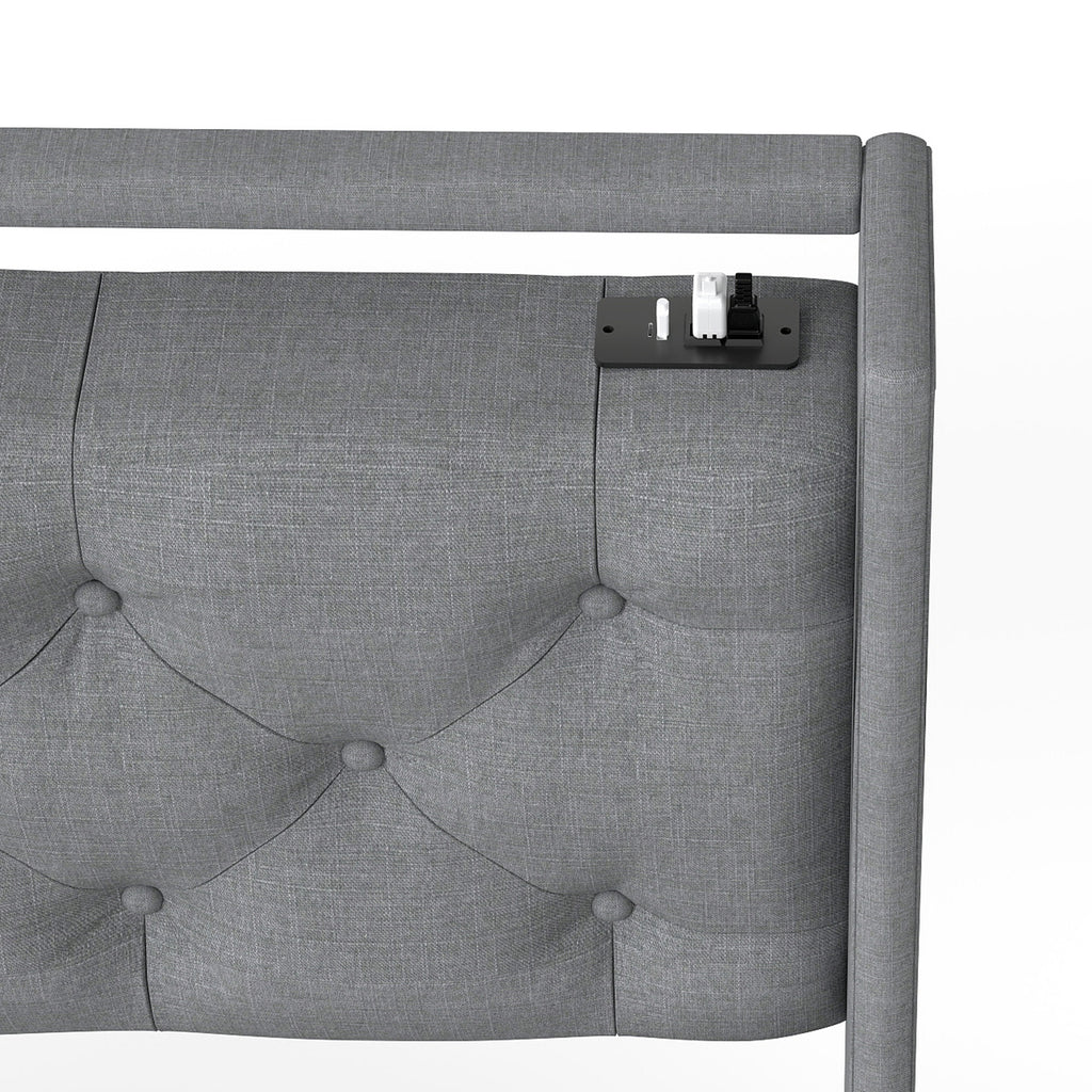 Queen Metal Platform Bed Frame Grey, Storage Headboard with RGB LED & Charging Station