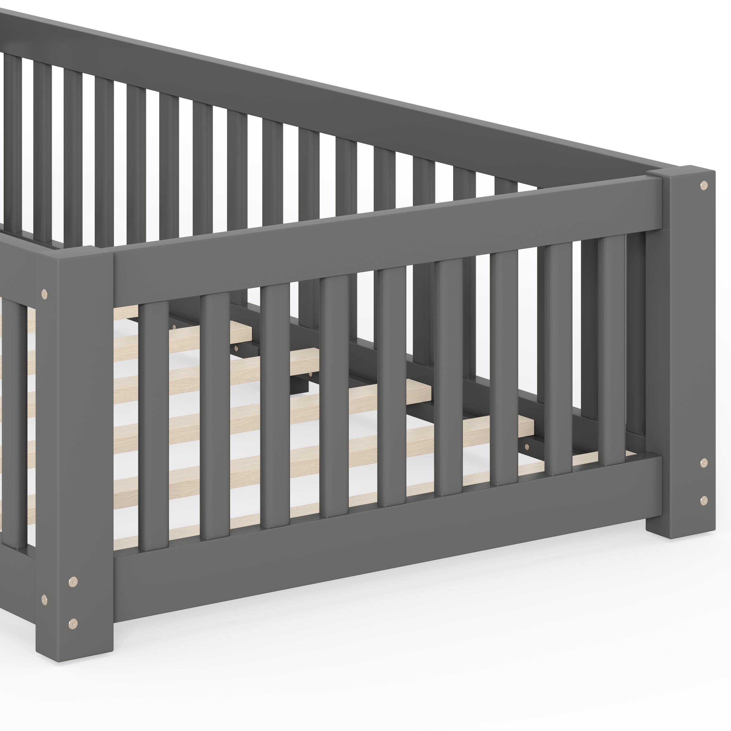 Twin Size Bed Floor Bed with Safety Guardrails and Door for Kids, Gray