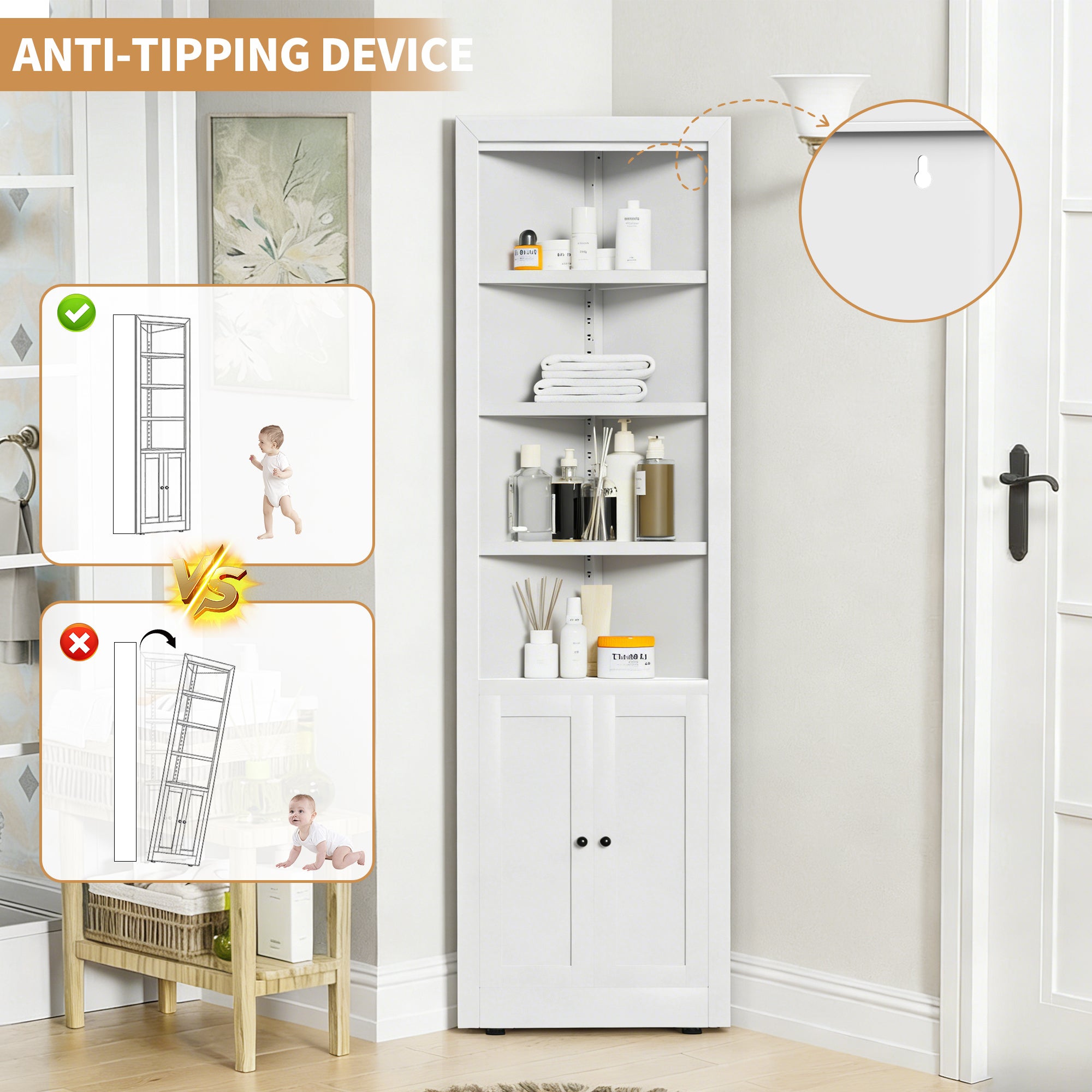 71" Tall Corner Storage Cabinet with 2 Doors, 5 Tier Metal Cabinet with Adjustable Shelves, Freestanding Kitchen Storage for Pantry, Living Room, Bathroom, Laundry Room, Space Saving Furniture, White
