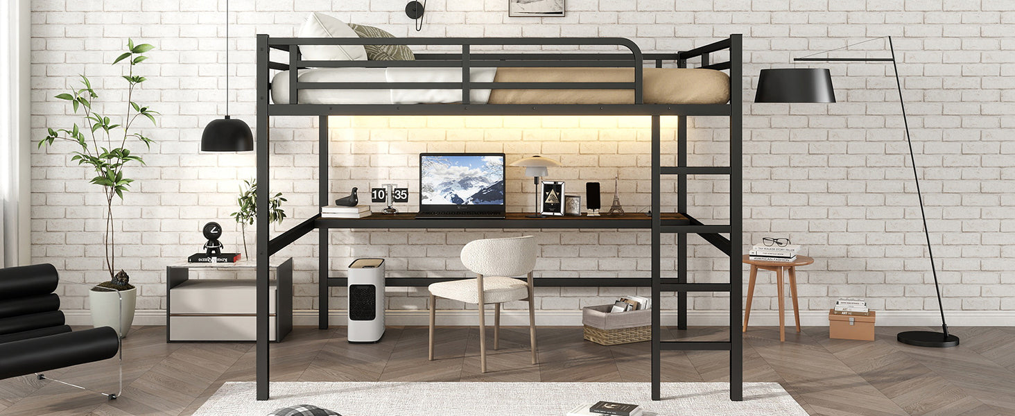 Metal Queen Size Loft Bed with Power Outlet and LED Lighted, Space Saving, Noise Reduced, Black